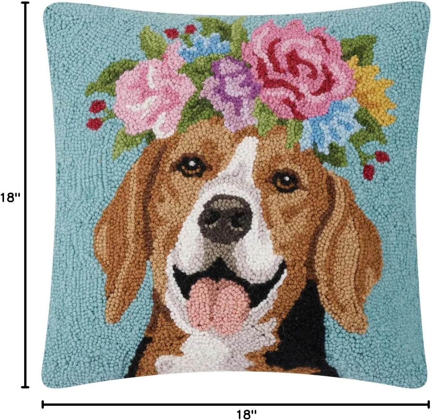 Floral Beagle Embroidered Square Throw Pillow, 18-inch, Polycotton