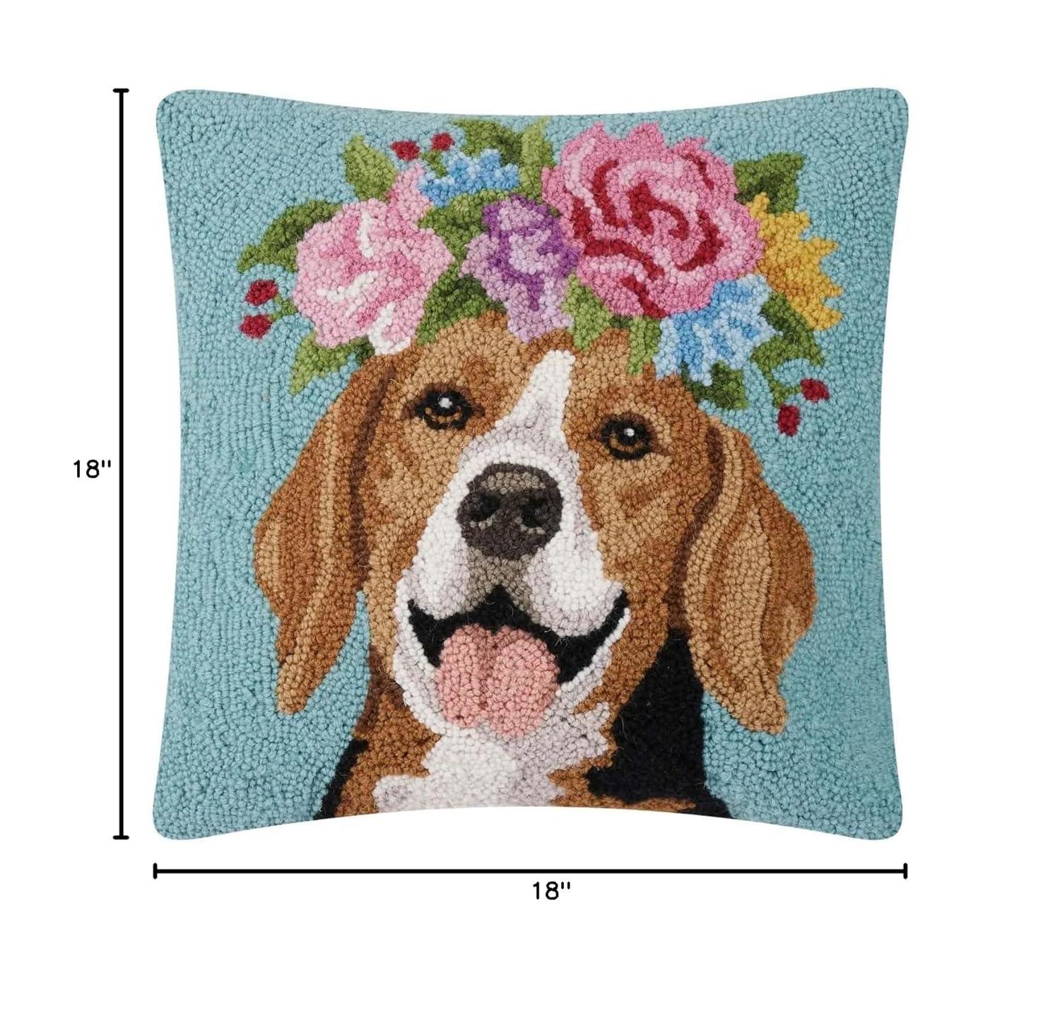 Floral Beagle Embroidered Square Throw Pillow, 18-inch, Polycotton