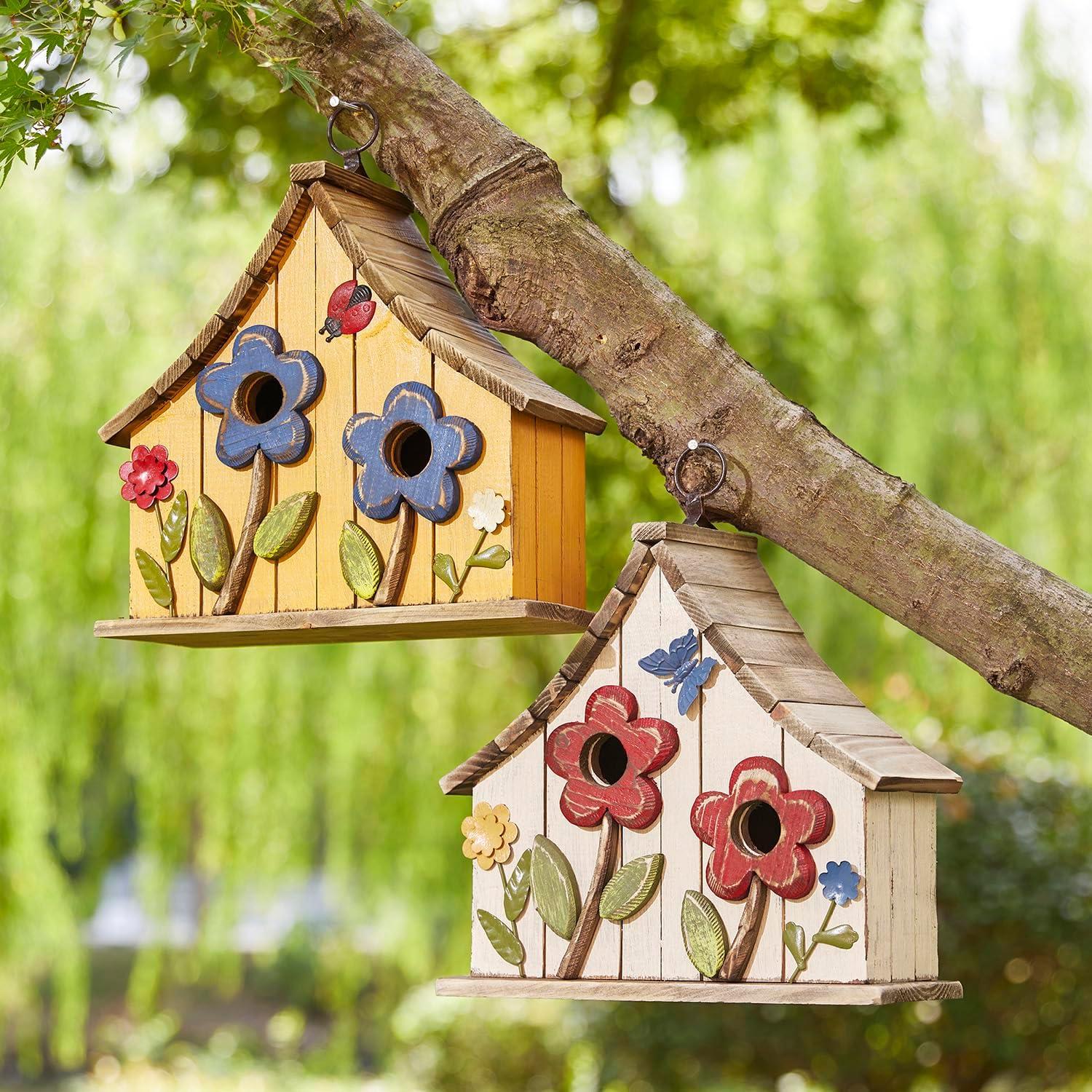 Distressed White Wooden Two-Story Garden Birdhouse with 3D Flowers