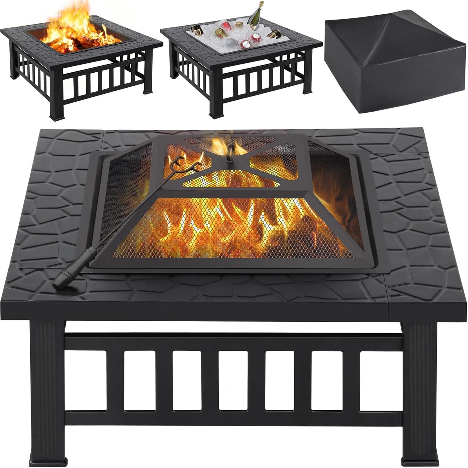 Multifunctional Fire Pit Table 32in Square Metal Firepit Stove Backyard Patio Garden Fireplace for Camping, Outdoor Heating, Bonfire and Picnic