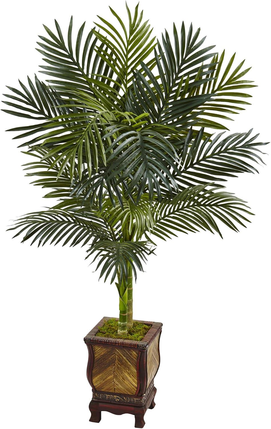 Nearly Natural 4.5-ft Golden Cane Palm Tree in Wooden Decorated Planter