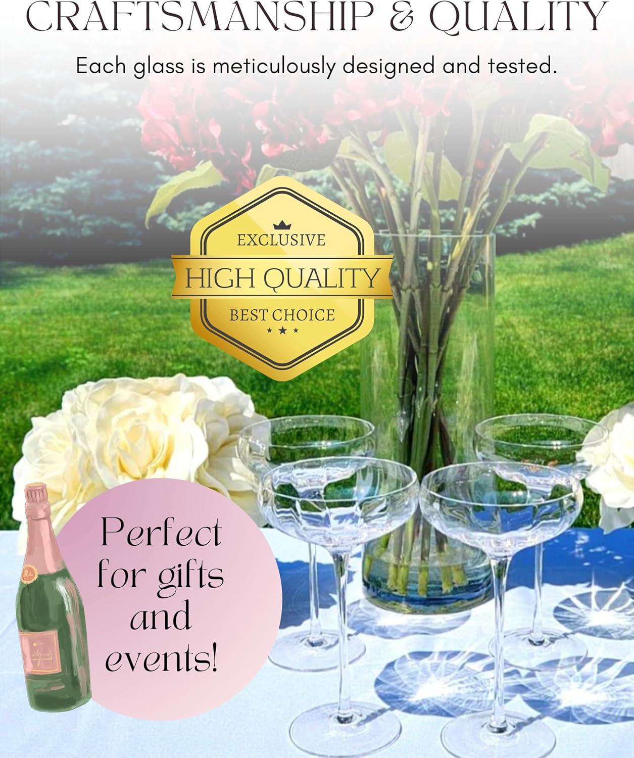 Elegant Clear Glass Rounded Coupe Cocktail Glasses, Set of 4