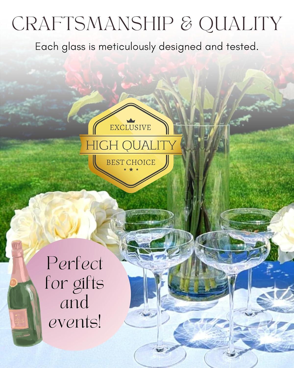 Elegant Clear Glass Rounded Coupe Cocktail Glasses, Set of 4