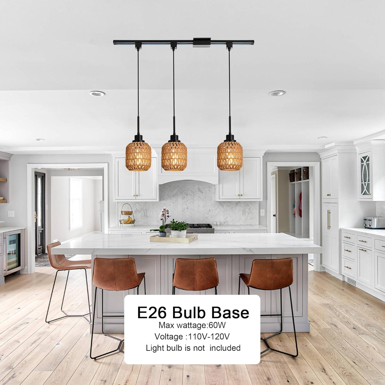 3-Pack H Type Track Lighting Pendants, Ceiling Track Hanging Light Fixture with Hand-Woven Rattan Shade, H-Type Tracking Boho Pendant Lighting Fixtures for Kitchen Island Dining Room, E26 Base