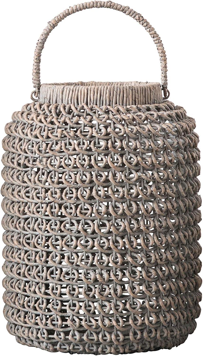 Creative Co-Op Medium Whitewashed Woven Water Hyacinth Lantern with Glass Insert & Handle