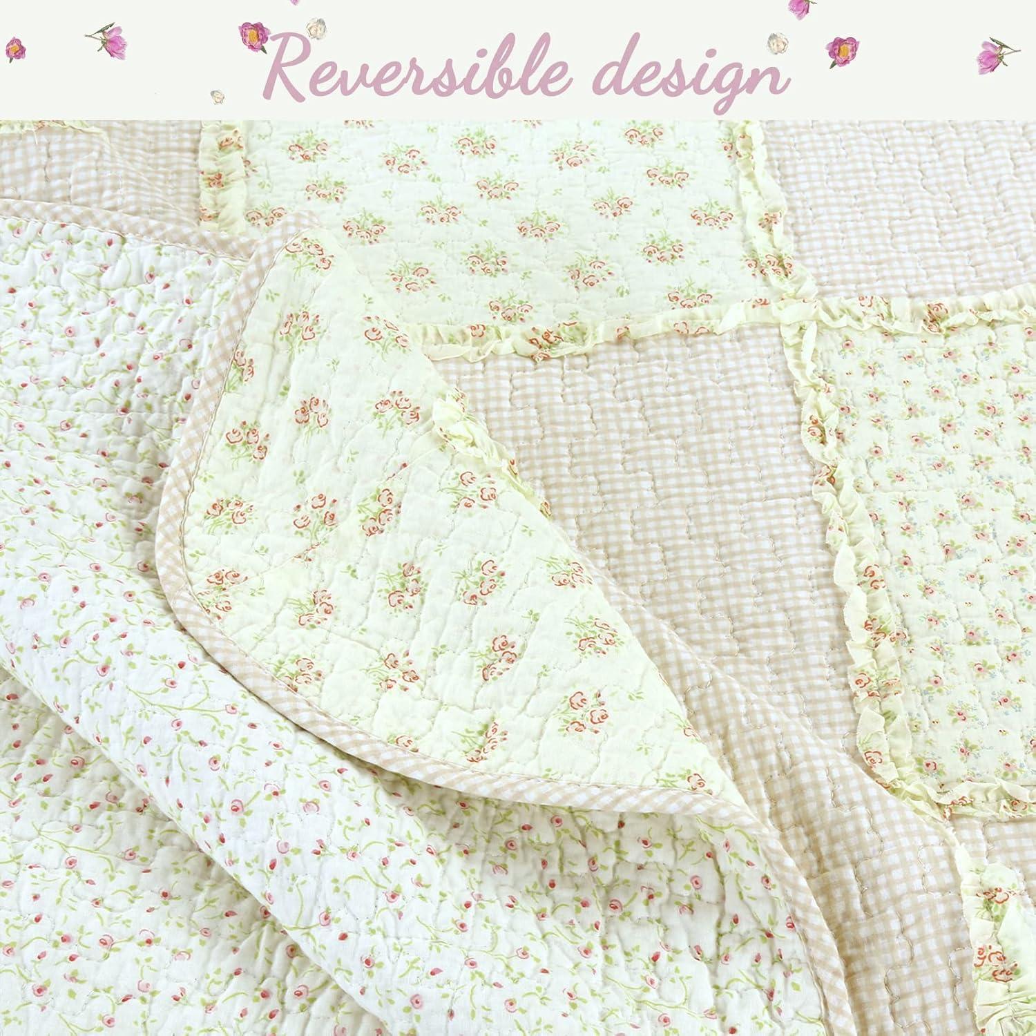 Cozy Line Home Fashions 100% Cotton Real Patchwork Reversible Shabby Chic Girly Floral Pink Peachy Quilt Bedding Set, Coverlet Bedspread (Old-Fashioned Sweetness, Twin - 2 Piece)