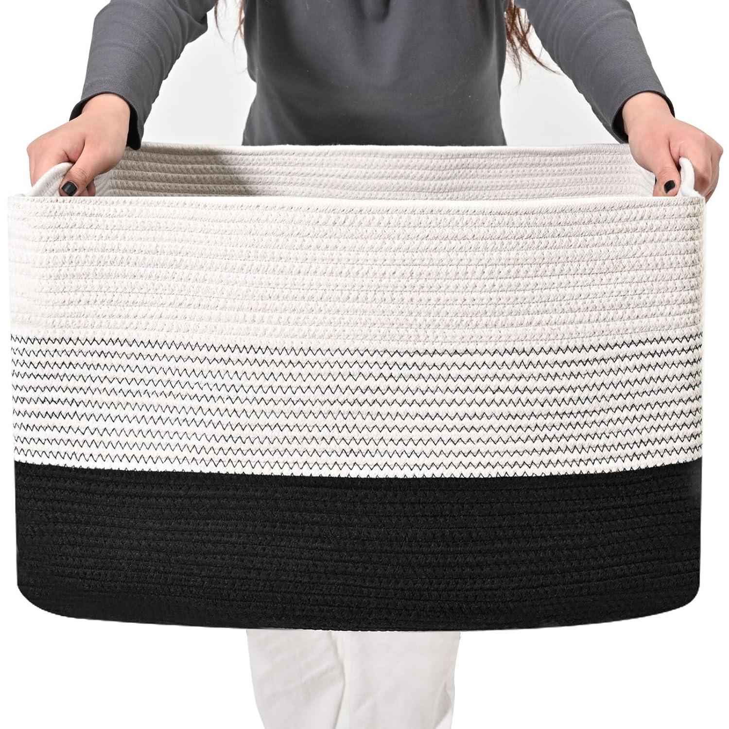 OIAHOMY Large Blanket Basket, 22”x17”x12” Rectangle Woven Baskets, Nursery Blanket Storage Living Room, Toy Storage With Handle, Large Baskets for Organizing-Gradient Black
