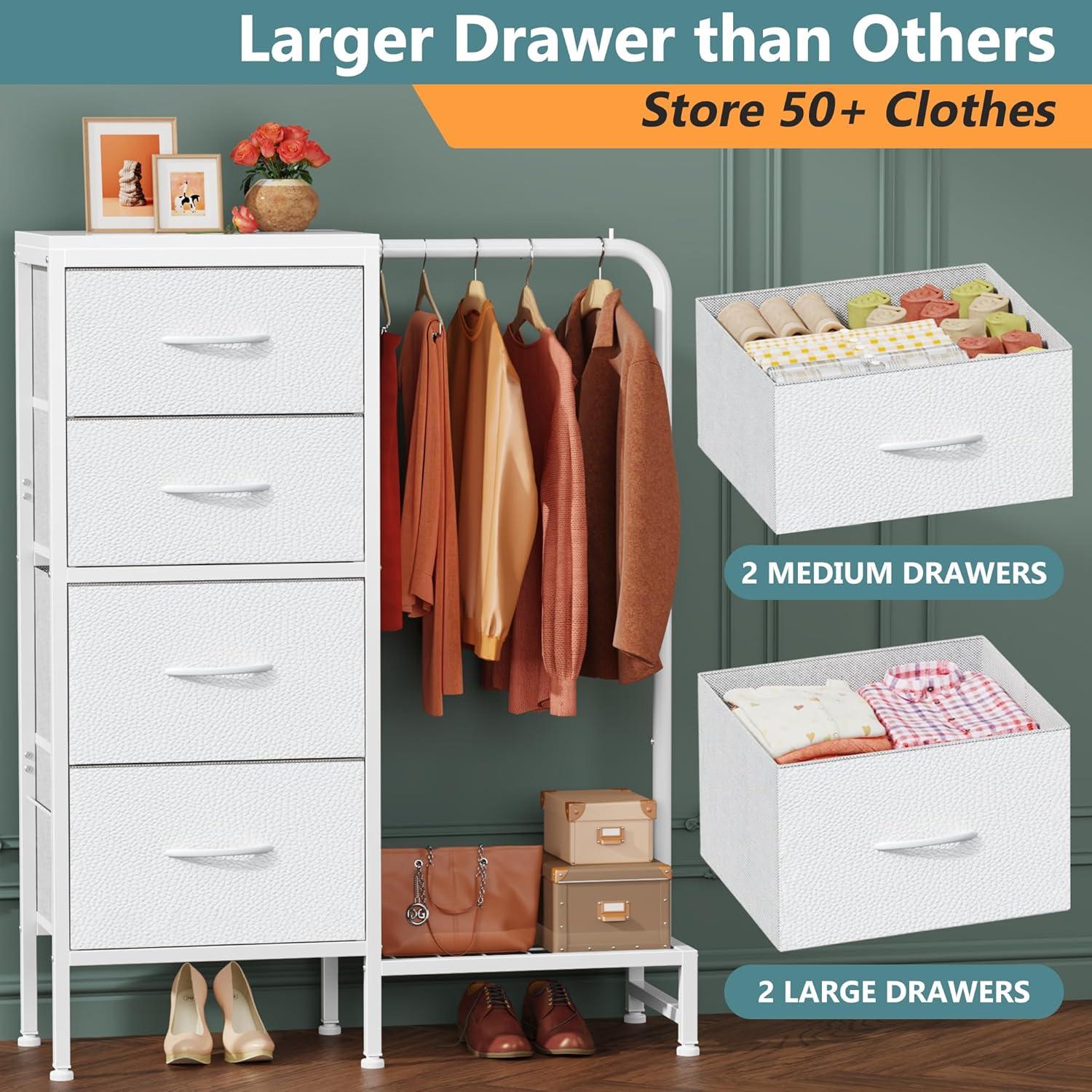 Dresser with Hanging Rack, 4 Drawers Small Closet for Bedroom, Reversible Fabric Chest of Drawers with Clothes Rack, Tall Storage Tower, Sturdy Frame, White, 44''H