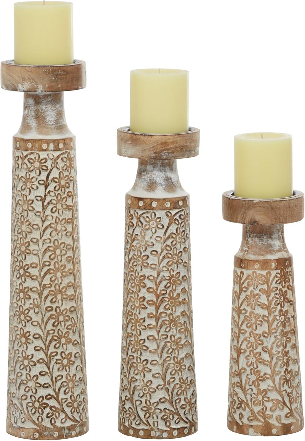 Rustic Elegance Mango Wood Carved Candle Holders, Brown Floral Set of 3