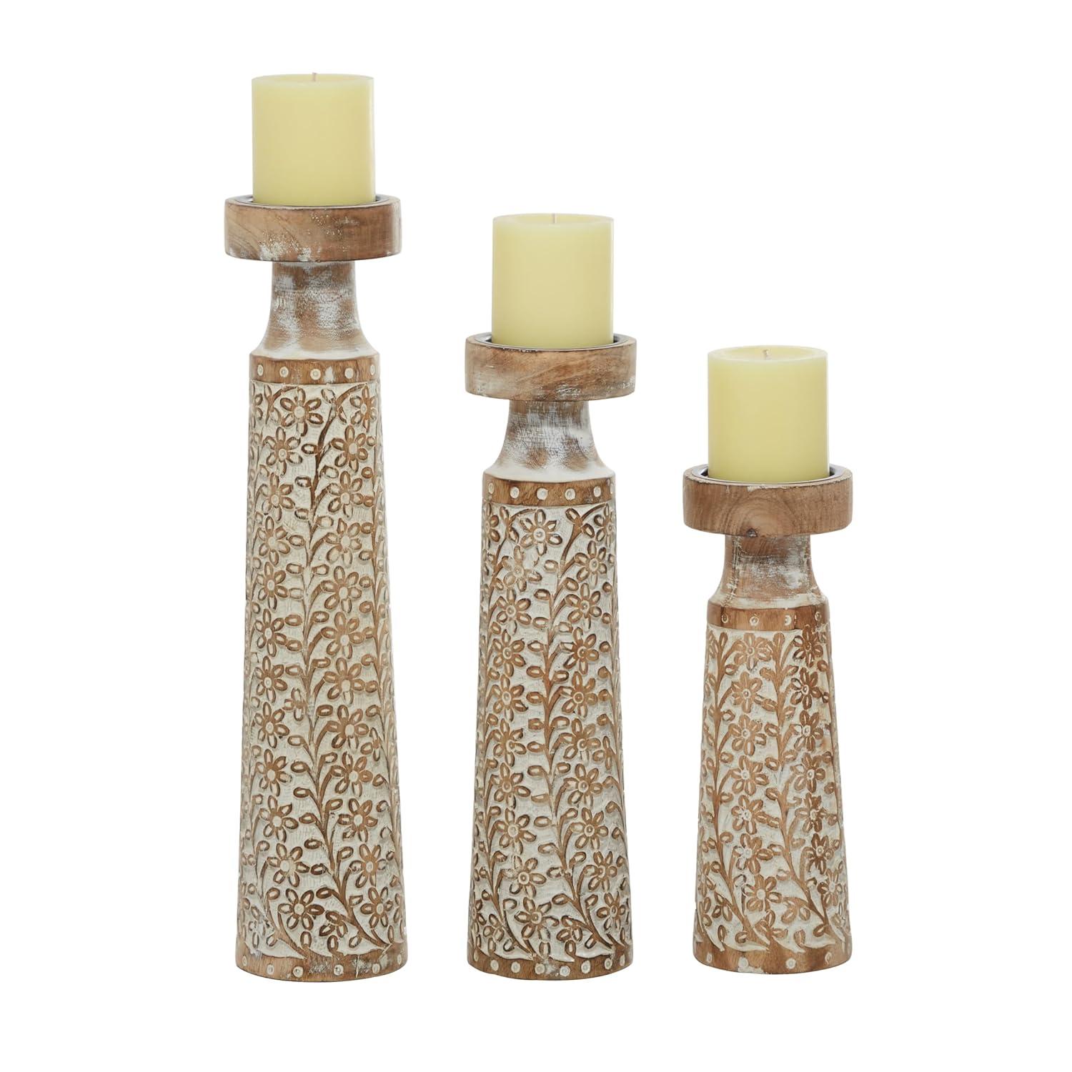 Gracie Oaks Mango Wood Floral Handmade Decorative Candle Holder Carved Pillar Candle Stand With Cream Accents, Set Of 3 Candlestick Holder 6", 8", 10"H, Brown