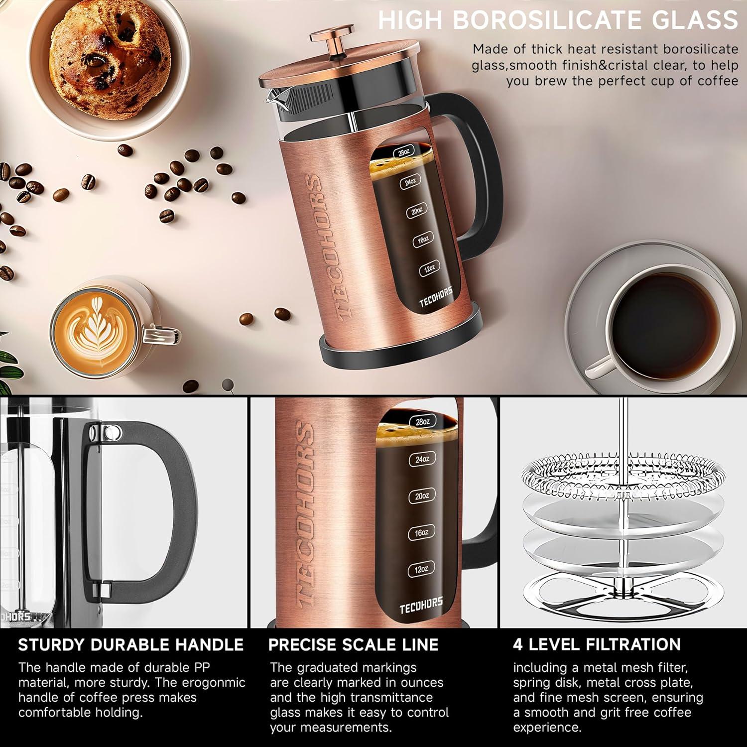 Copper and Glass 34oz French Press Coffee Maker with Stainless Steel Filters