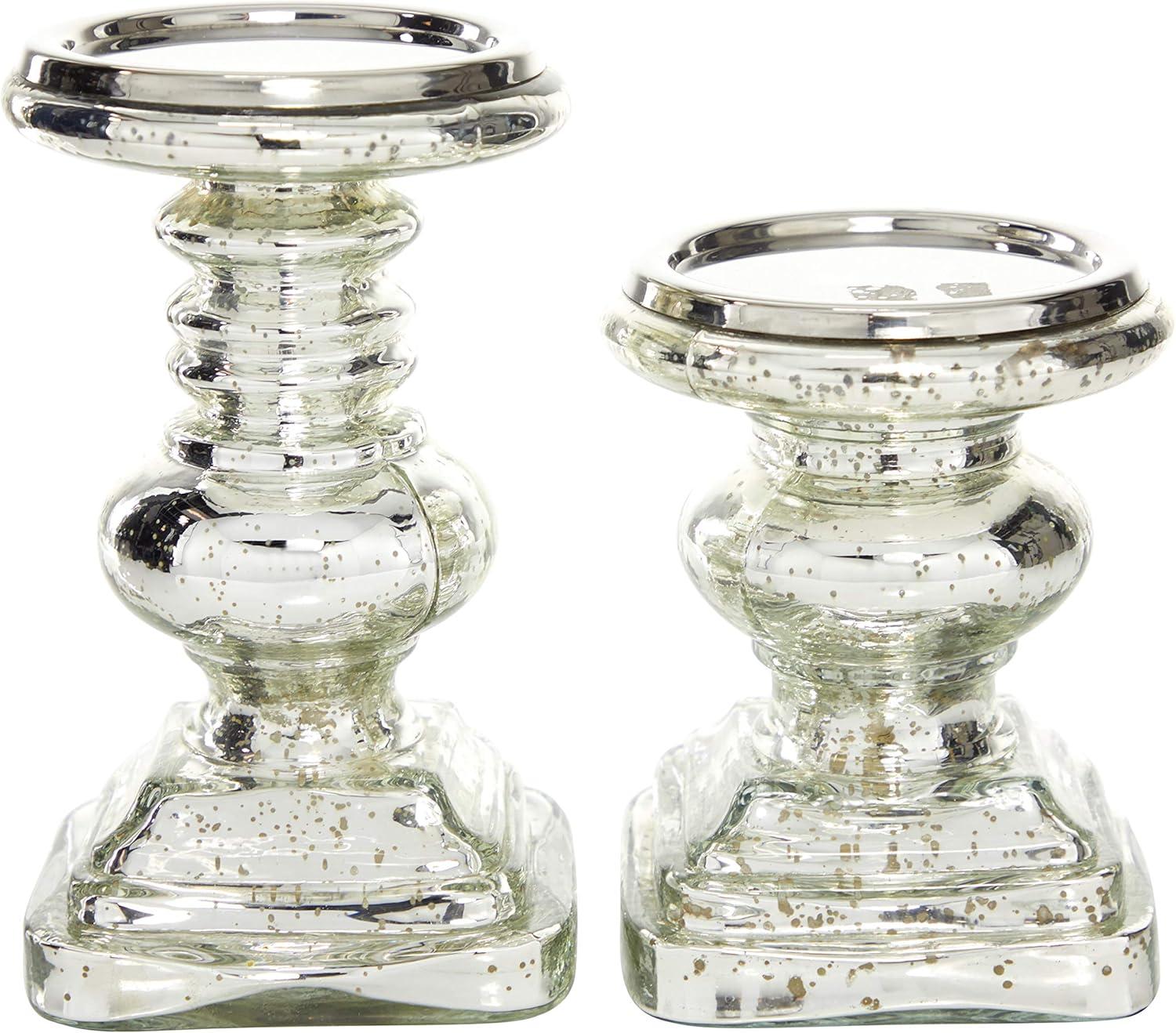 Elegant Silver Mercury Glass Pillar Candle Holder Set, 9" & 7"H