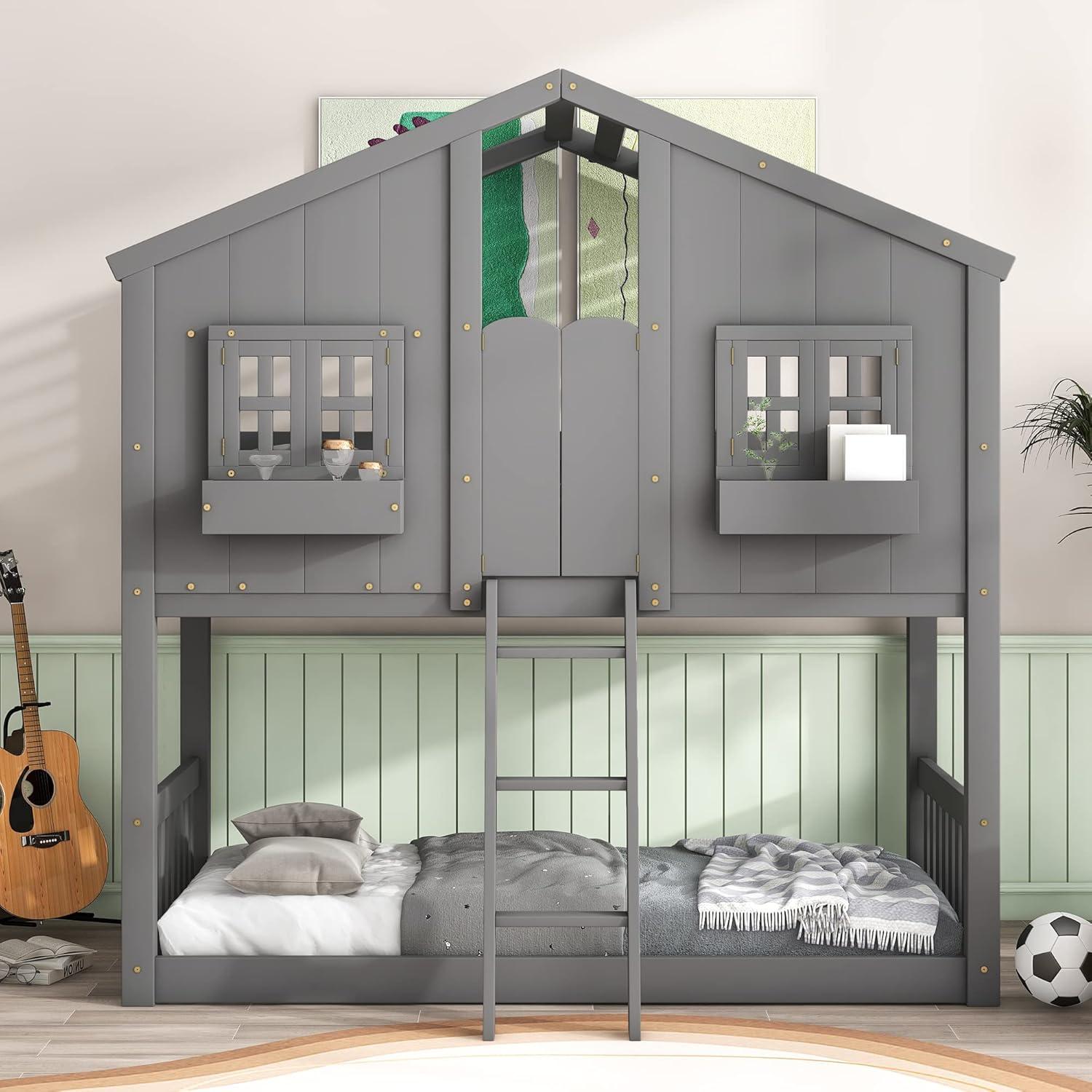 HighSound Twin Over Twin House Bunk Bed Frame with Roof, Window, Ladder and Safety Guardrails for Boys Girls, White & Pink