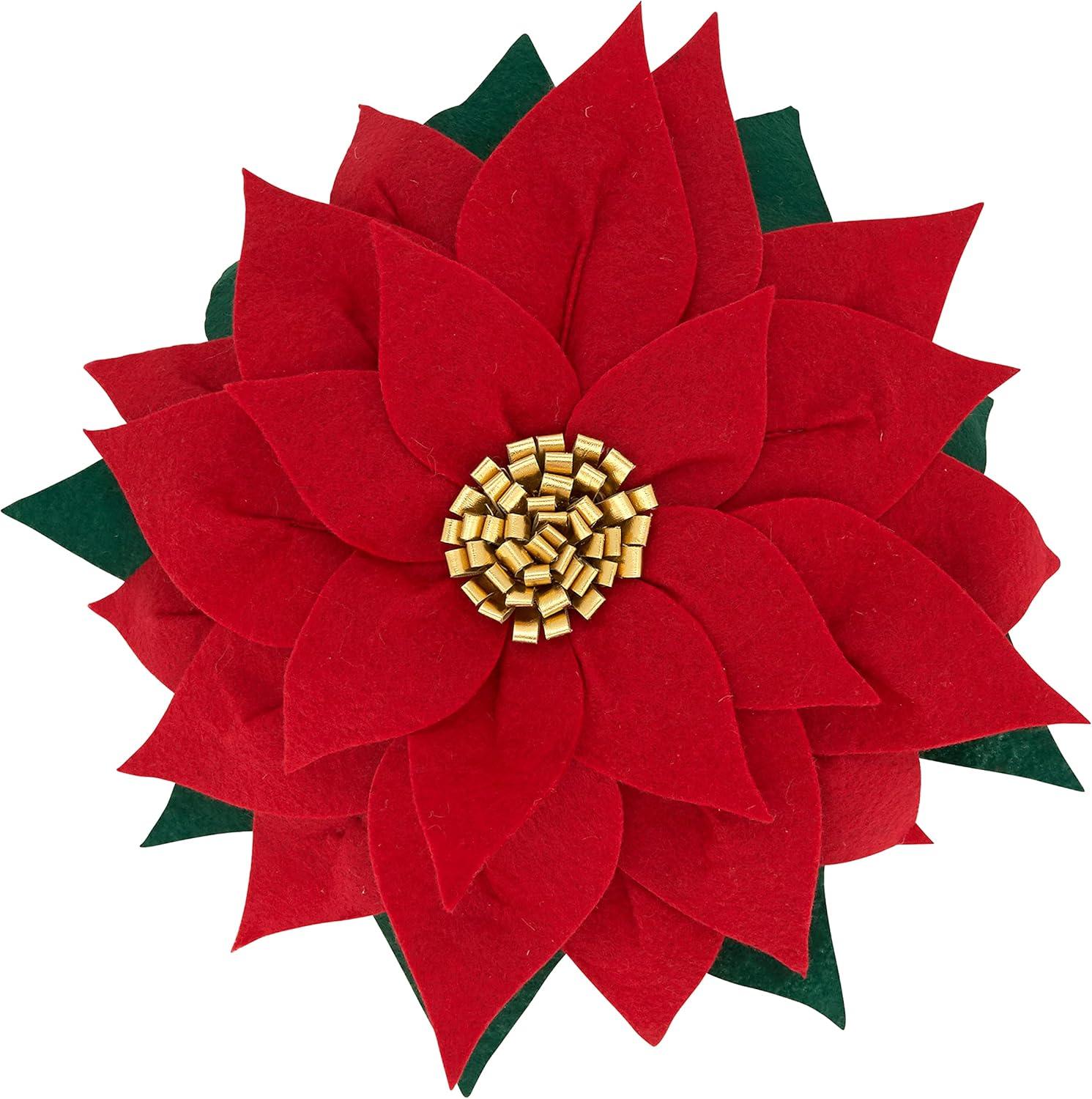 Festive Red Felt Poinsettia Round Throw Pillow