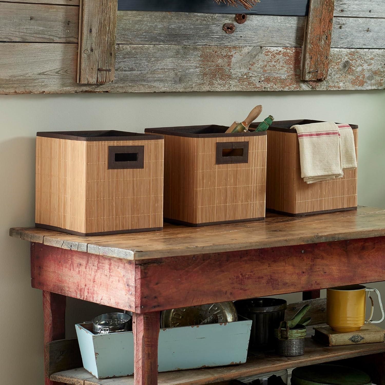 Natural Bamboo and Fabric Storage Cubes Set of 3