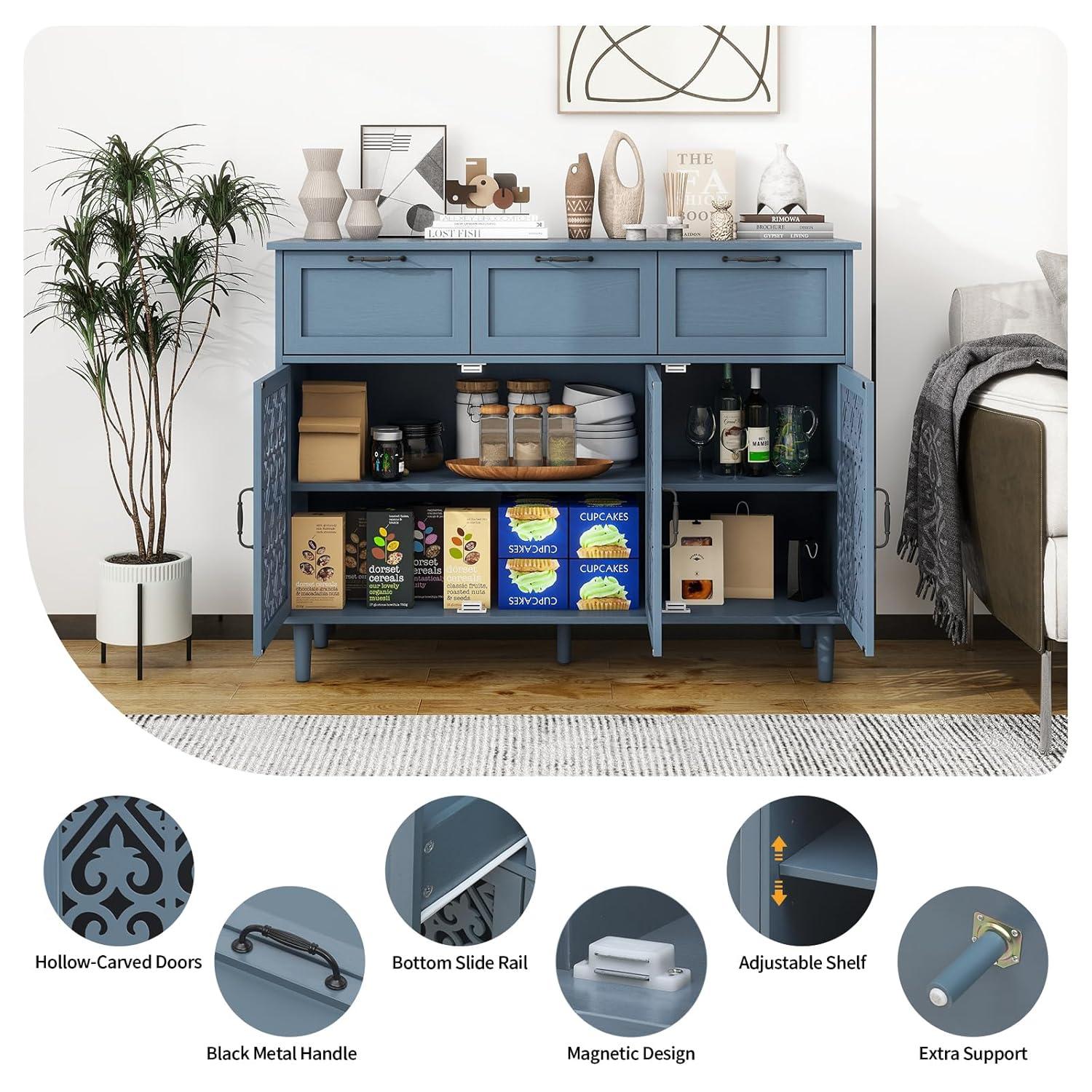 Sideboard Buffet Cabinet with Storage - Accent Storage Cabinet with Hollow Carved Pattern, Modern 2 Door 3 Drawer Cabinet, Farmhouse Wood Credenza for Living Room, Dining Room (Blue)