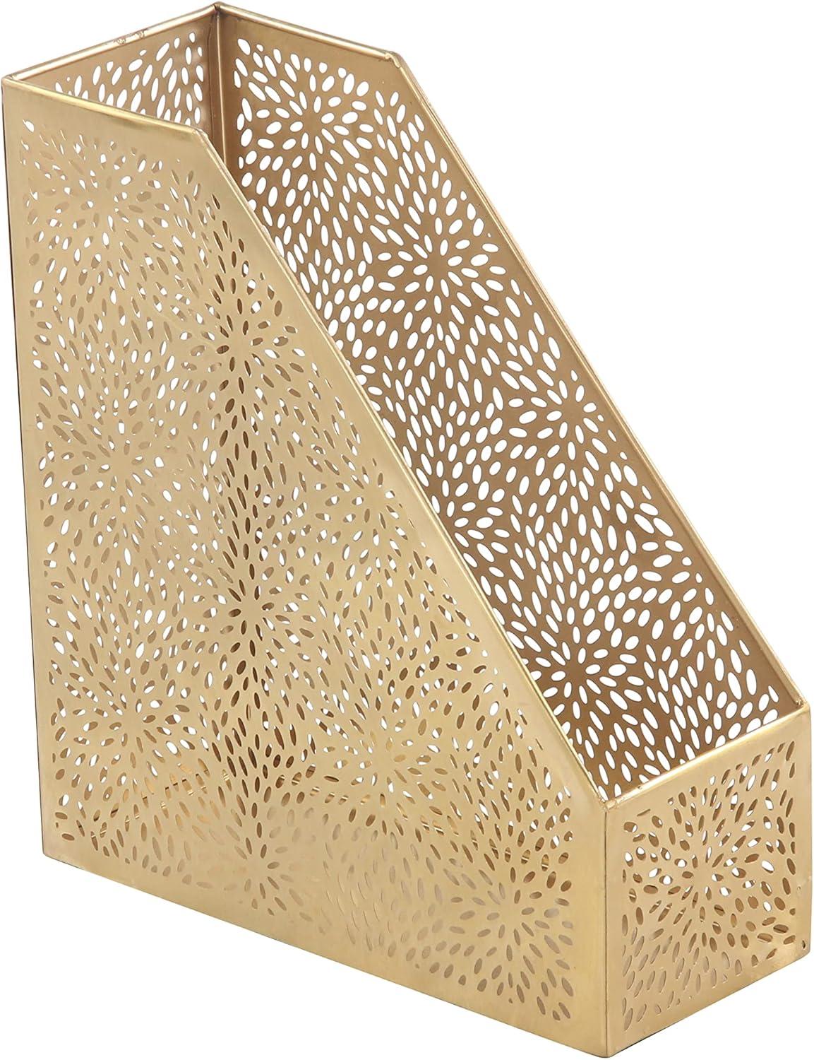 CosmoLiving by Cosmopolitan 12" Gold Metal Single Slot Magazine Holder with Laser Carved Floral Design