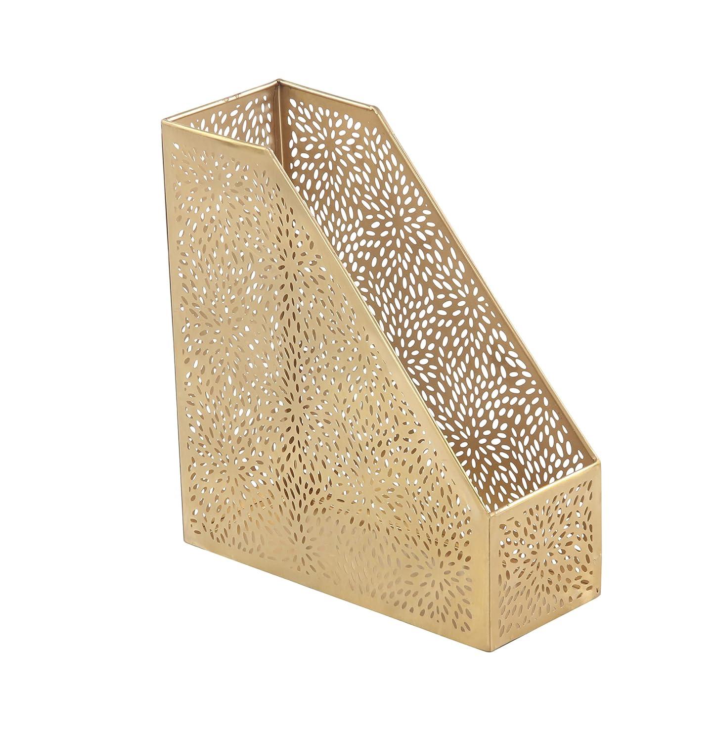 CosmoLiving by Cosmopolitan 12" Gold Metal Single Slot Magazine Holder with Laser Carved Floral Design