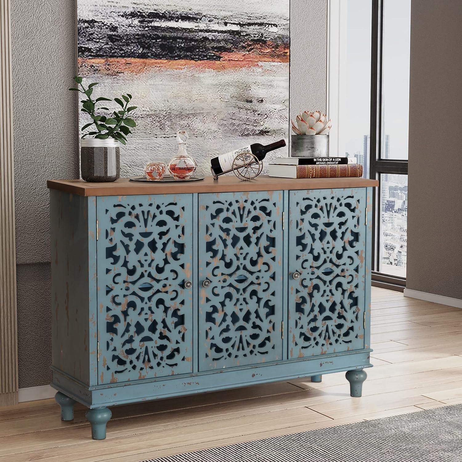 Blue Carved Wood 3-Door Freestanding Storage Cabinet