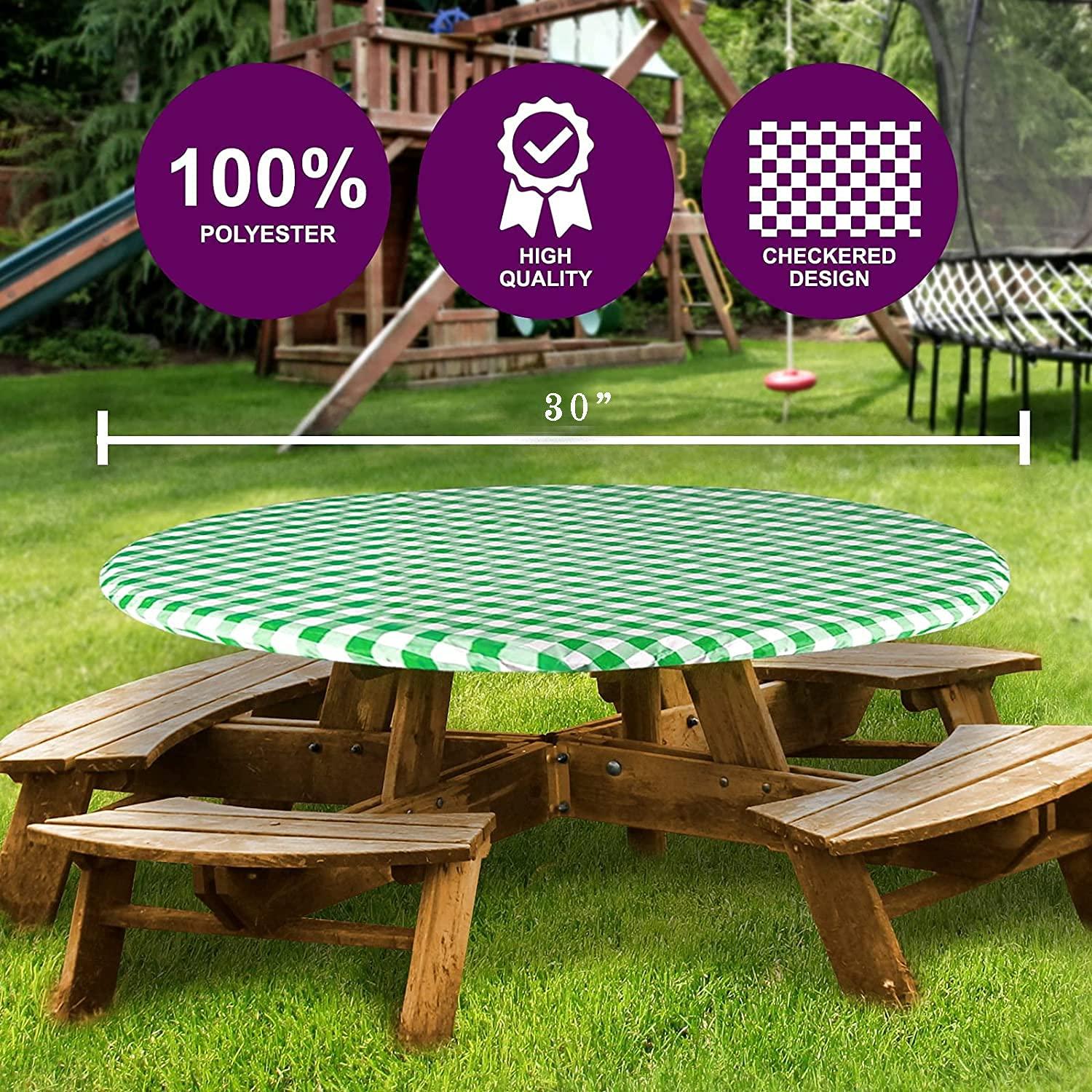 Round Tablecloth -Fitted with Elastic, Vinyl with Flannel Back, 30” Round Green Checked Design,- By Sorfey