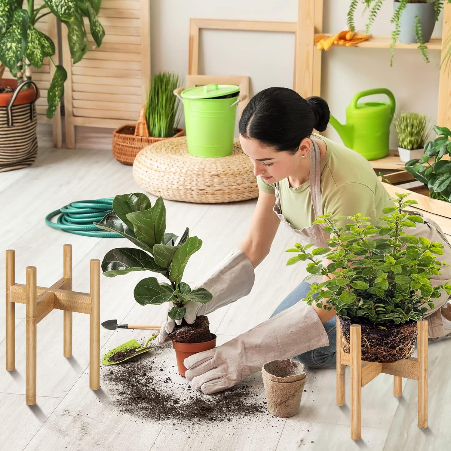 2 Pack Bamboo Plant Stands, Adjustable Plant Stand Indoor, Mid Century Modern Plant Stand, Plant Holder for Living Room, Balcony Fits 8 to 12 Inches Pots (Beige)