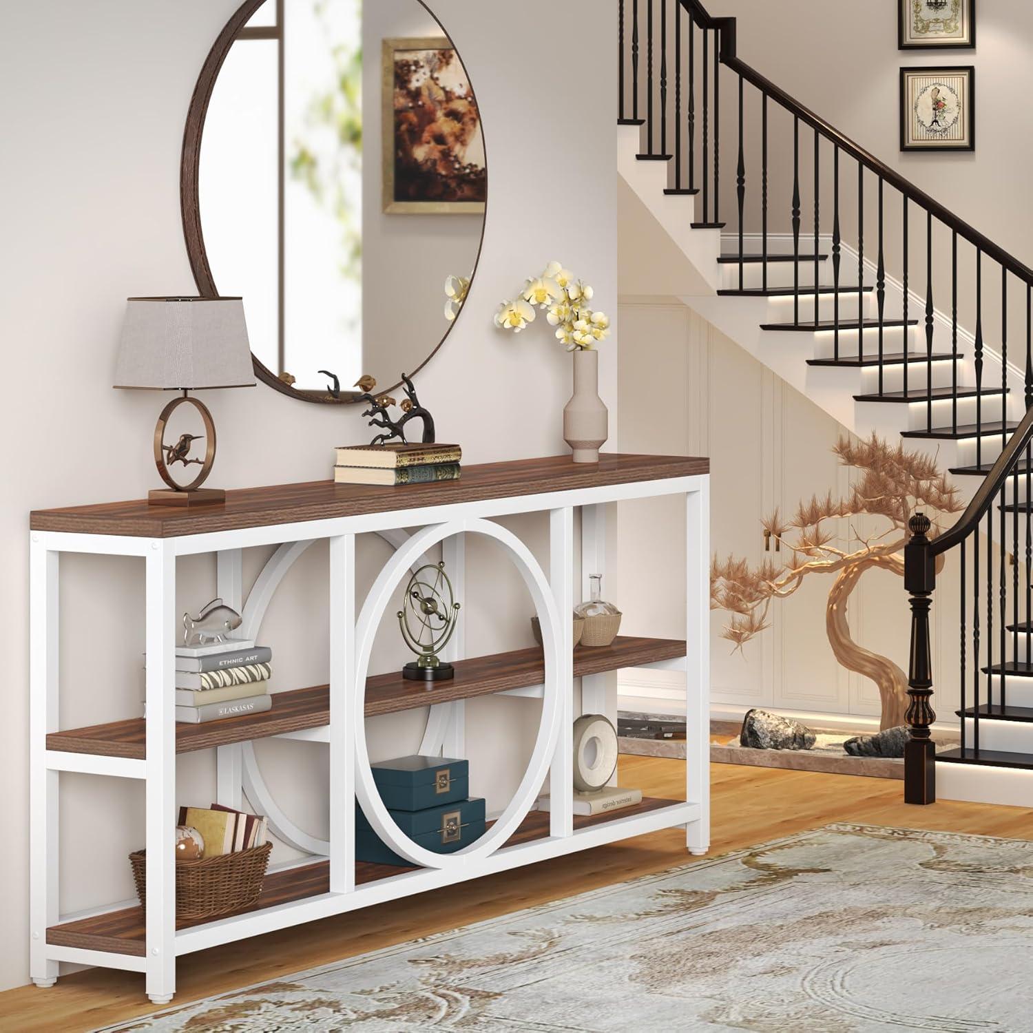 GVN Console Table, Entryway Table, 70.9" Console Table, Narrow Sofa Table with 3 Tier Storage Shelves,White & Walnut