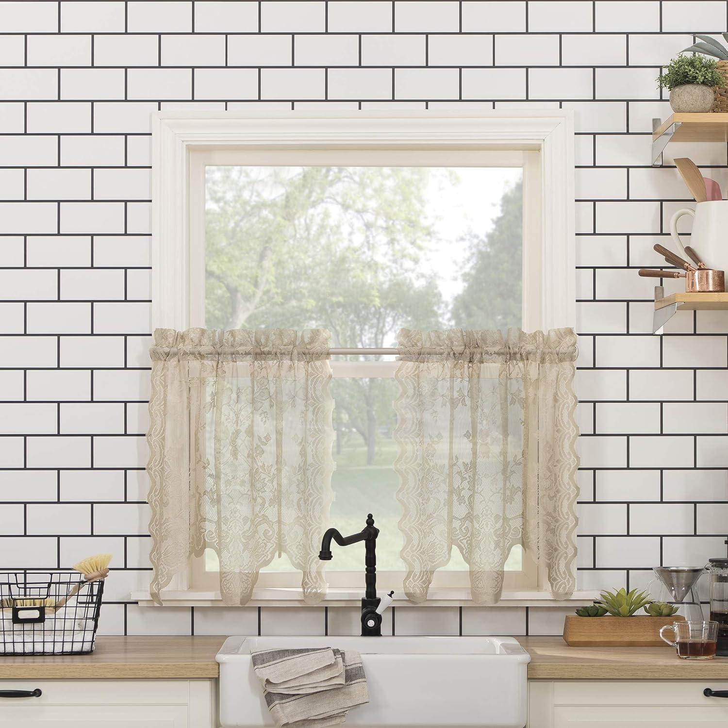 2pc 58"x24" No. 918 Sheer Alison Floral Lace Rod Pocket Kitchen Curtain Tier Pair Beige: Kitchen Window Curtains