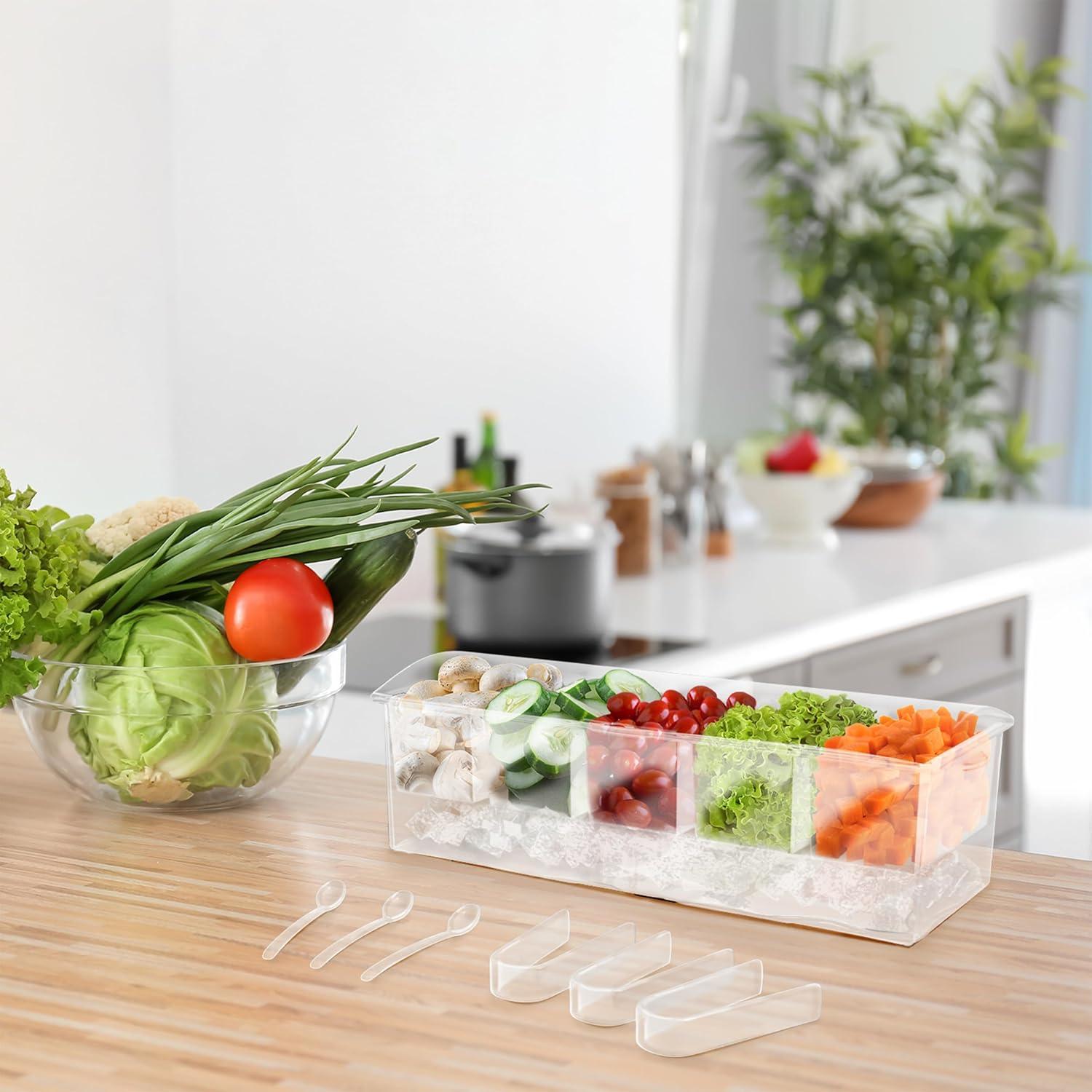 7Penn | Condiment Tray with Ice Chamber Lid Tongs Spoons 5 Condiment Containers