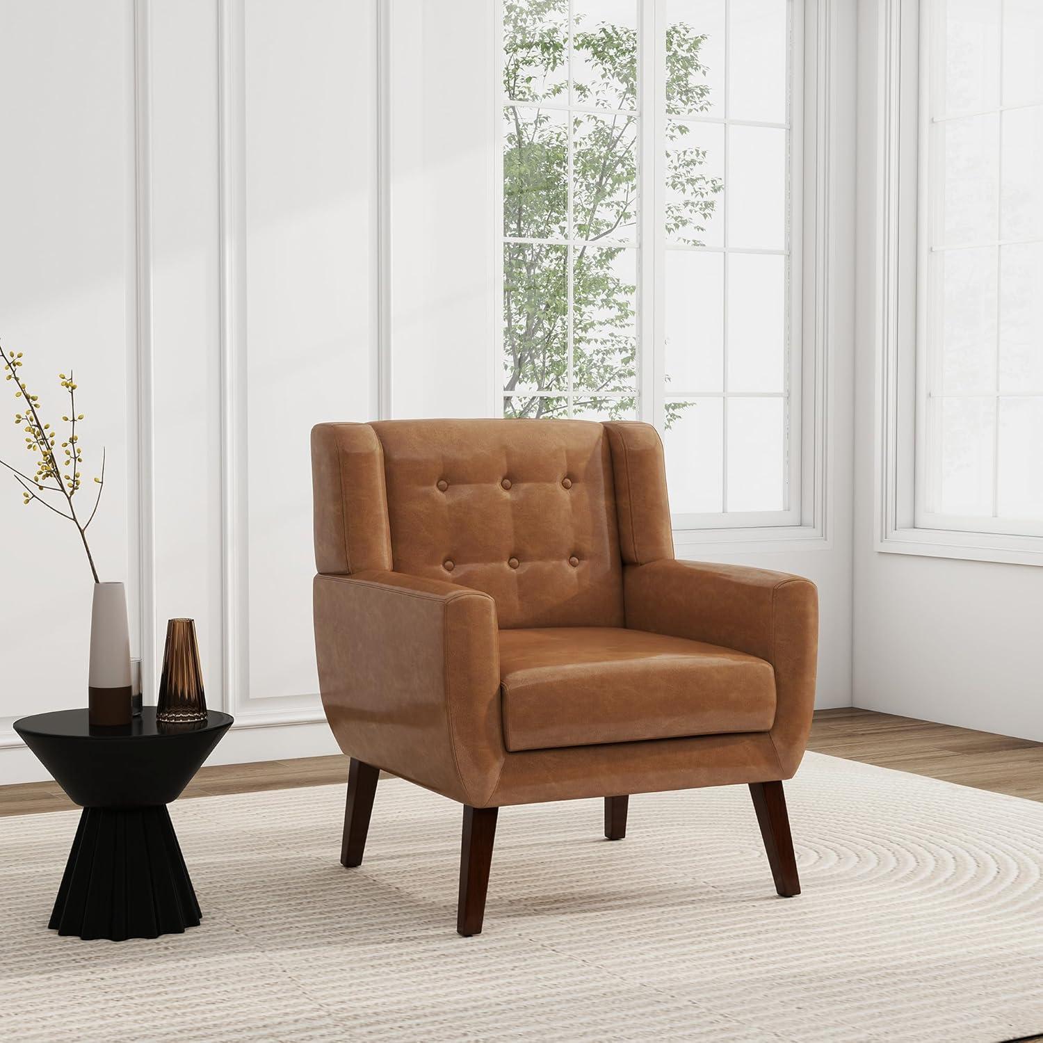 UIXE Faux Leather Accent Chair Upholstered Comfortable Armchair Modern Bedroom Chairs with Solid Wooden Legs, Brown