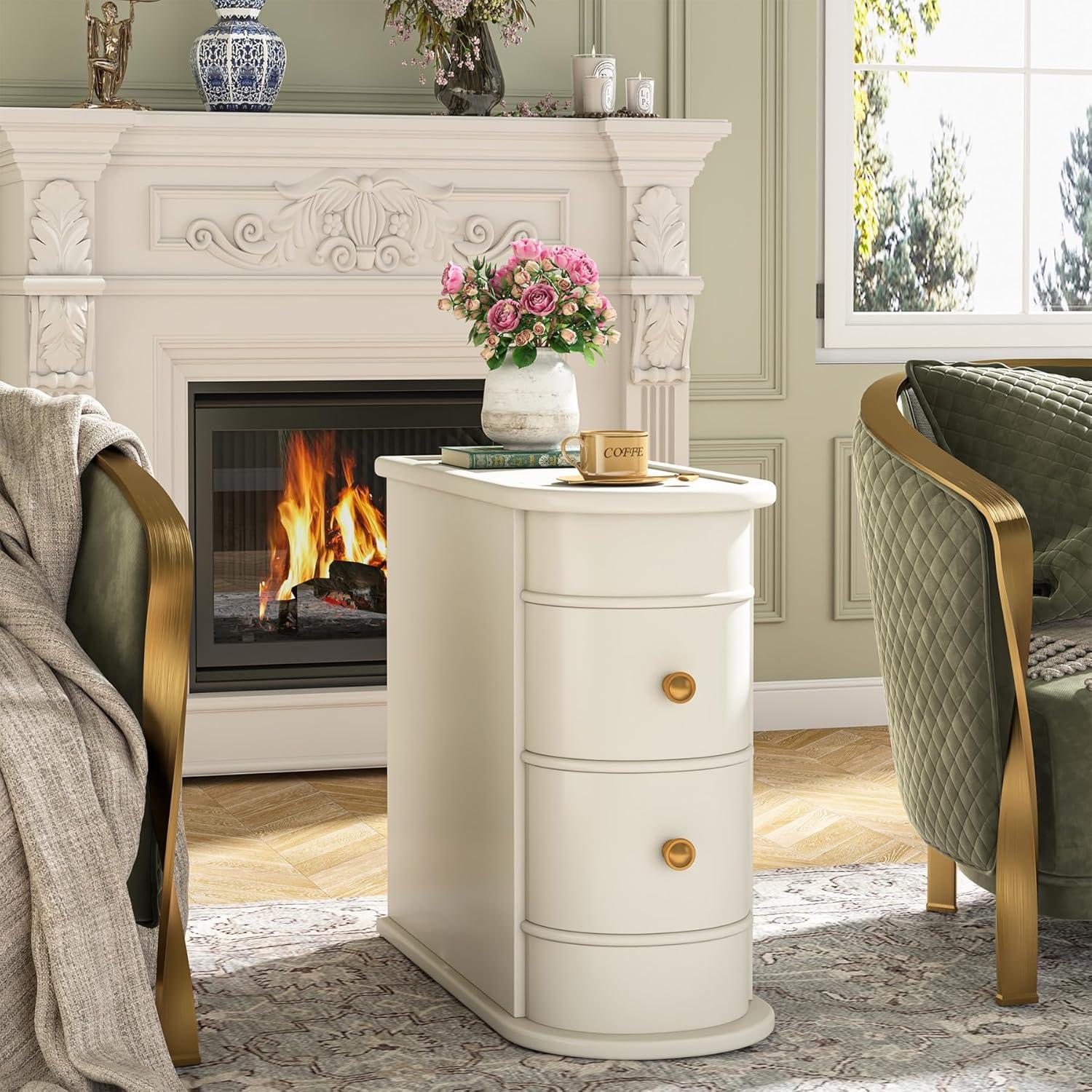 Creamy White Round Wood End Table with Storage Drawers