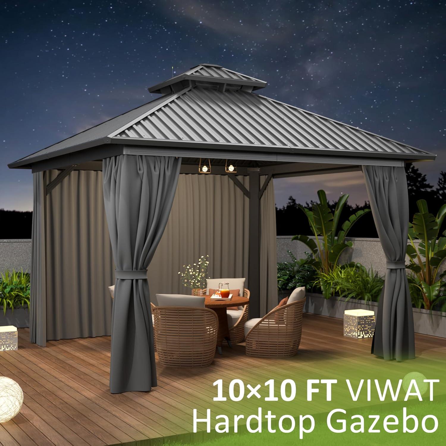 10x10 Gray Aluminum and Steel Hardtop Gazebo with Curtains