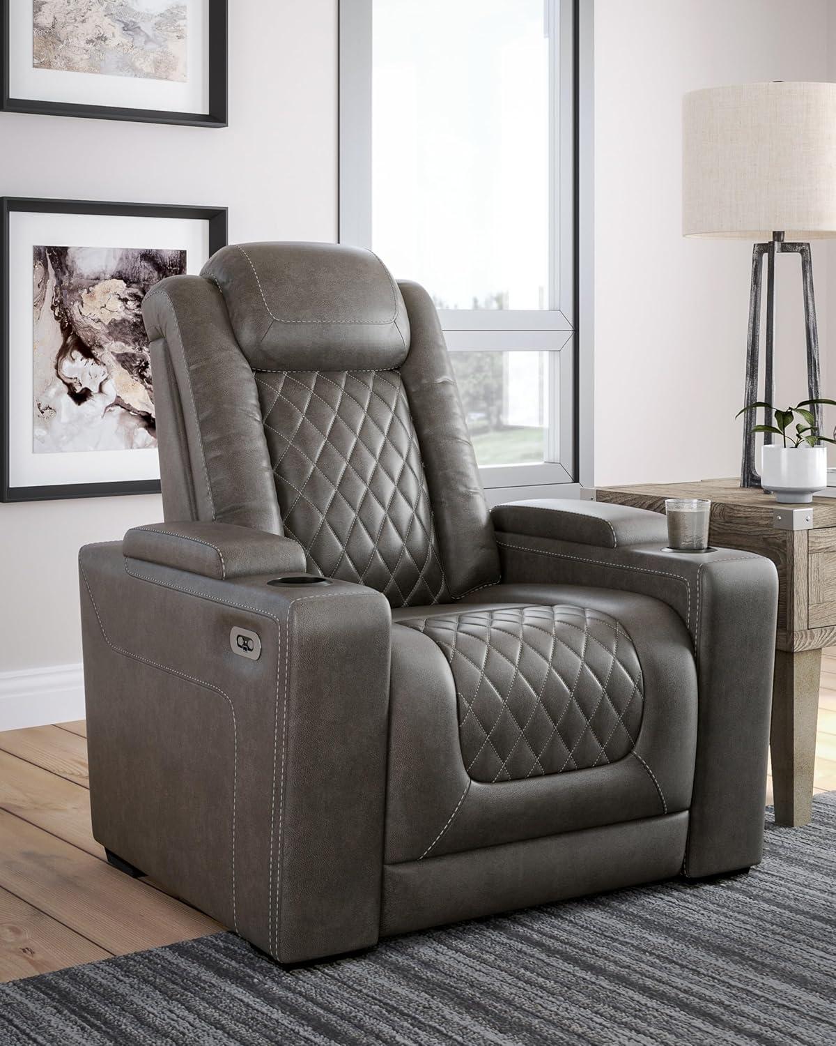 Gray Faux Leather Power Recliner with Adjustable Headrest