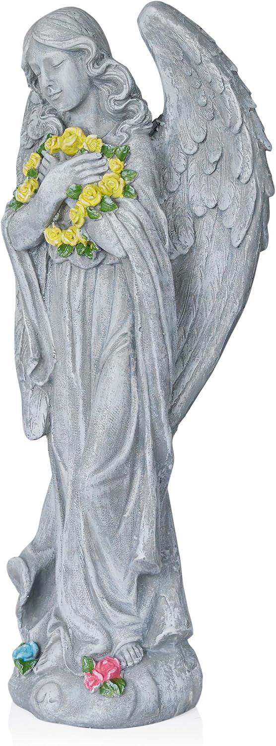 Alpine Corporation 29"H Angel with Yellow Flower Wreath Garden Statue