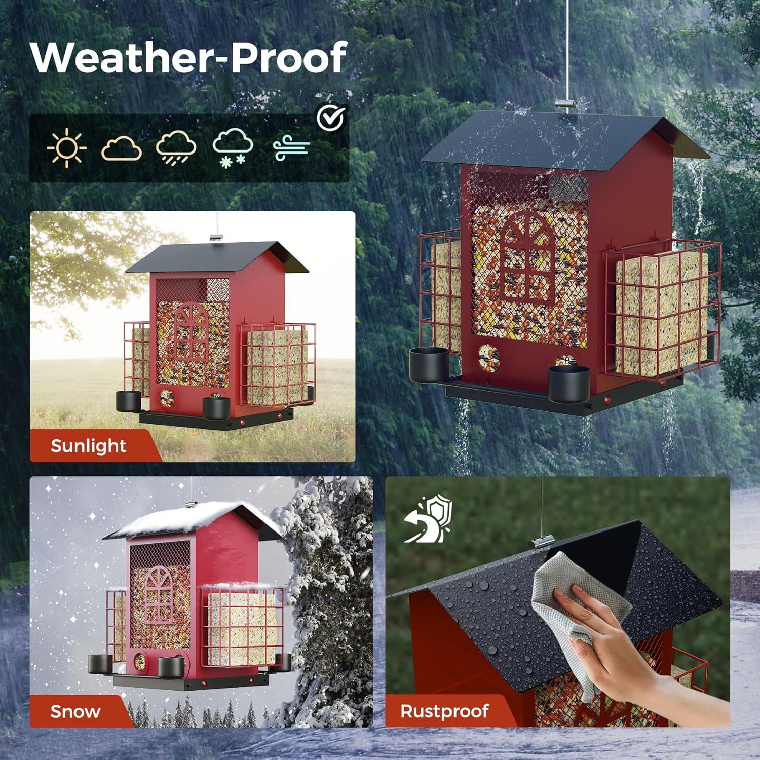 PerchMe® Bird Feeders for Outdoors Hanging, Metal Bird House Feeder with 2 Suet Cage and 4 Water Cups,Large Capacity,Weatherproof,Easy to Clean & Refill-Red