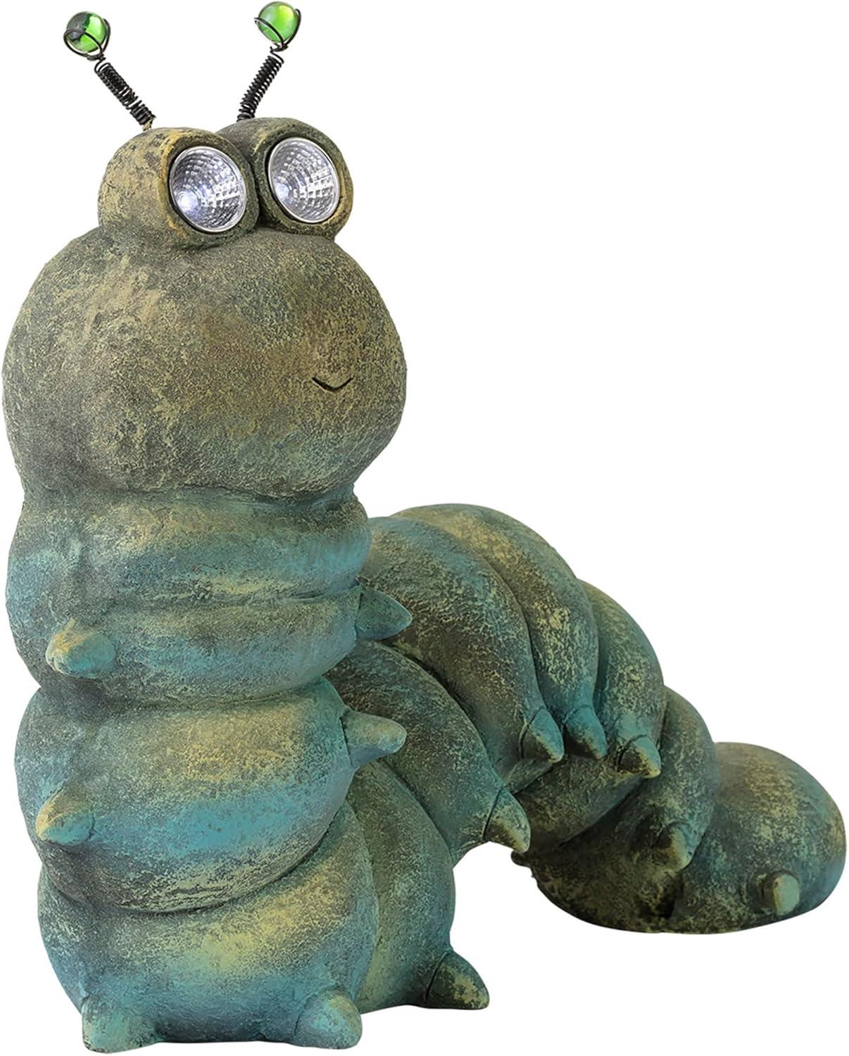 16-inch Green Solar-Powered Caterpillar Garden Statue with LED Eyes