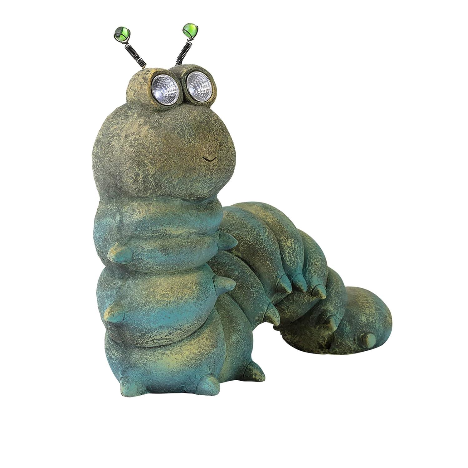 16-inch Green Solar-Powered Caterpillar Garden Statue with LED Eyes