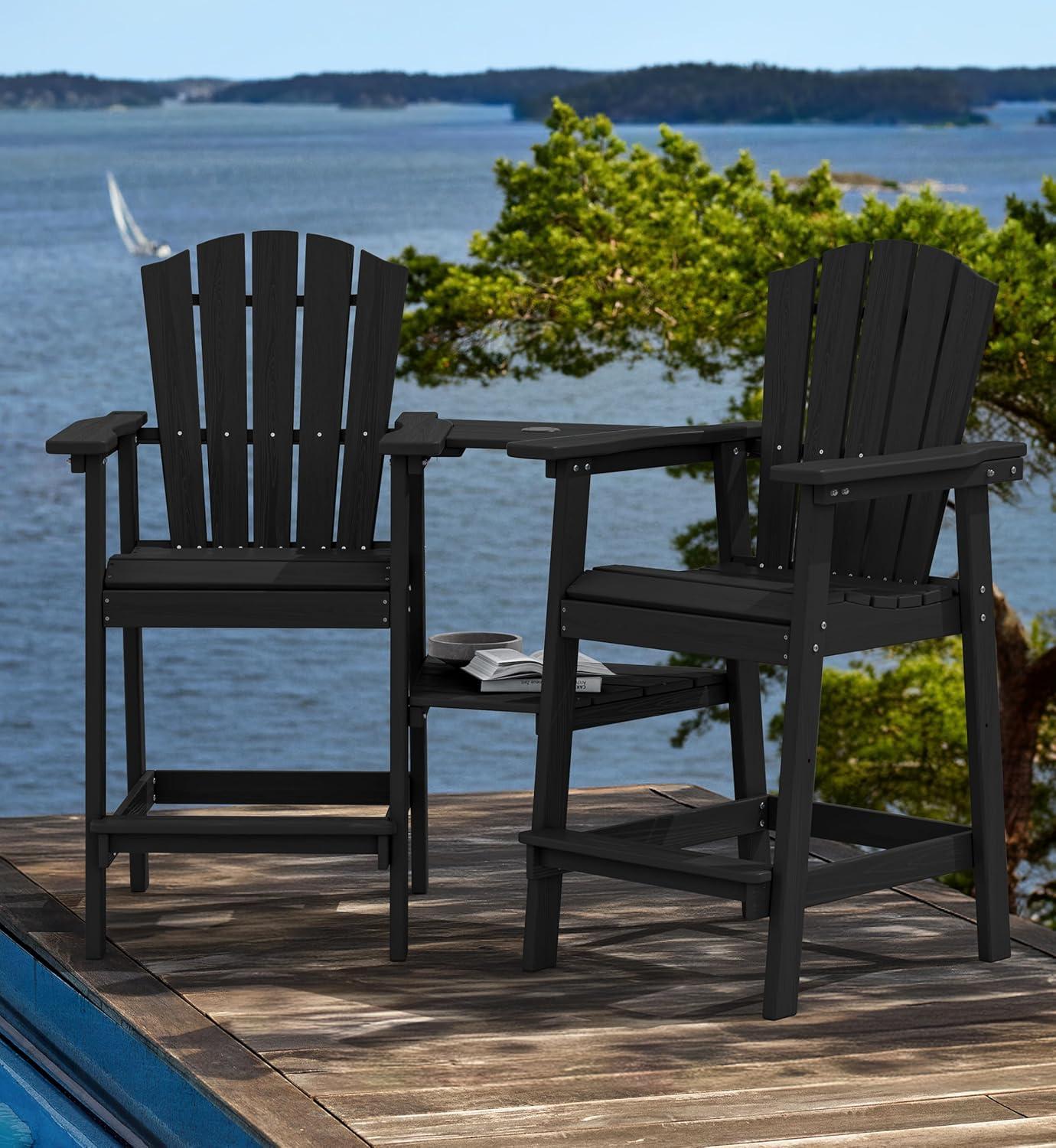 JUSTLET Tall Plastic Adirondack Chair Set of 2 W/ Outdoor Barstools and Connecting Tray, Brown