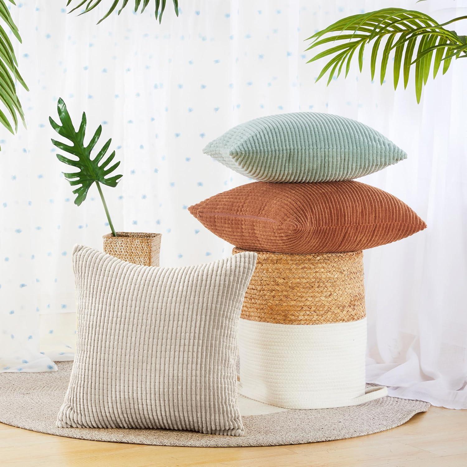 Deconovo Decorative Throw Pillow Covers with Stripes, 22x22 inch, Solid Color Corduroy Cushion Covers for Bedroom, 22x22 in, Cream, Set of 2