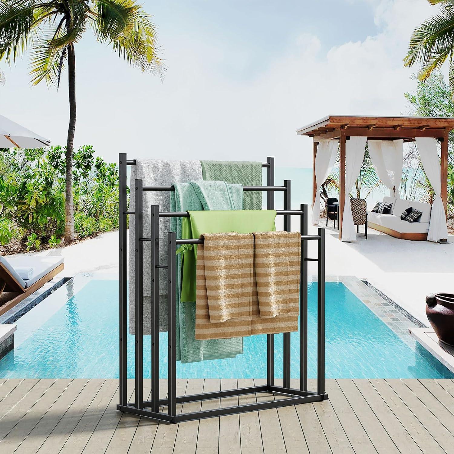 Honiter Towel Racks for Bathroom, 2 Tiers Wider Towel Drying Rack Outdoor, Free Standing Towel Rack, Pool Towel Blanket Stand and Display Rack for Oversized Bath Towels, Black