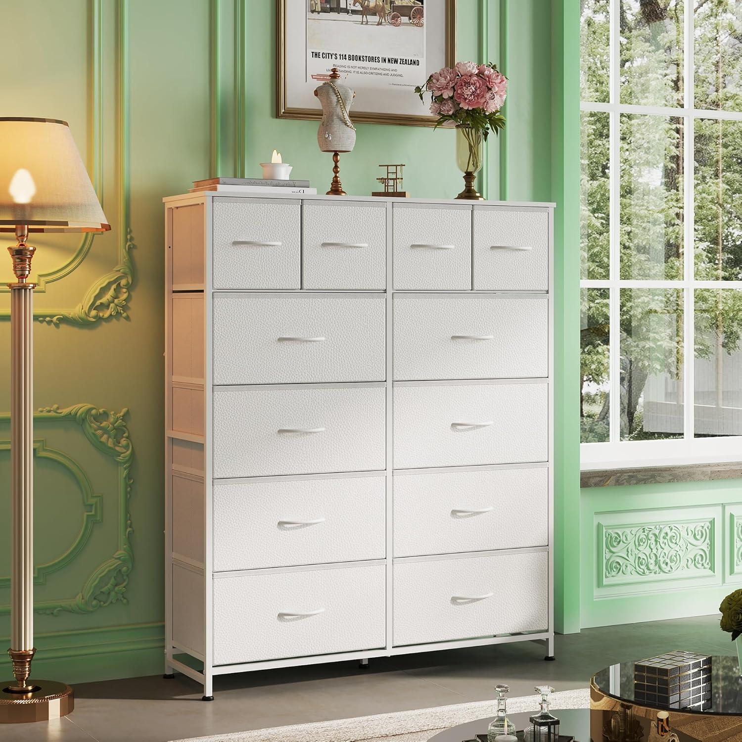 Lulive Dresser for Bedroom with 12 Drawers, Tall Dresser Chest of Drawers with Side Pockets and Hooks, Fabric Dresser Storage Tower for Closet, Hallway, Living Room (White)