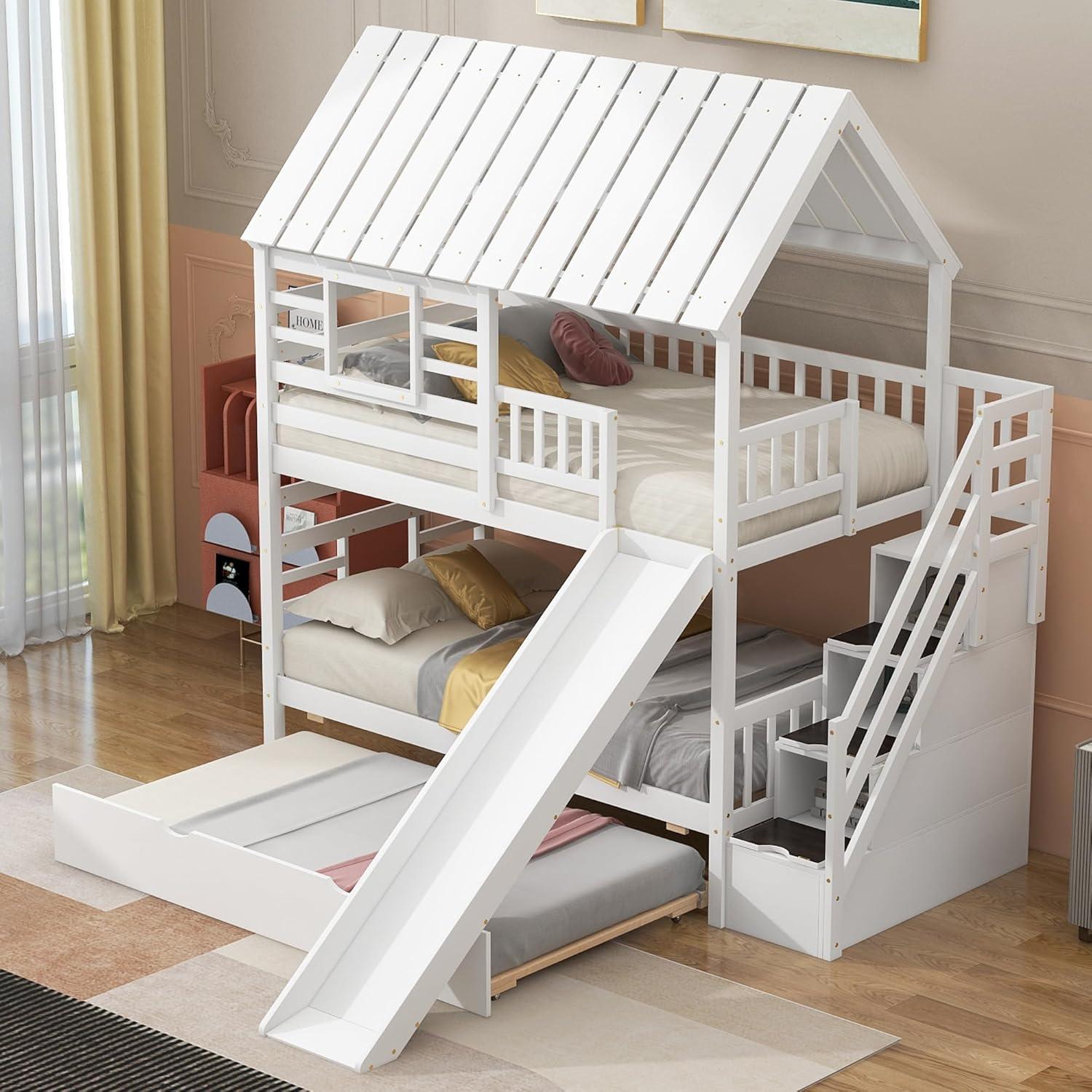 Harper Orchard Twin Over Twin House Bunk Bed With Trundle And Slide
