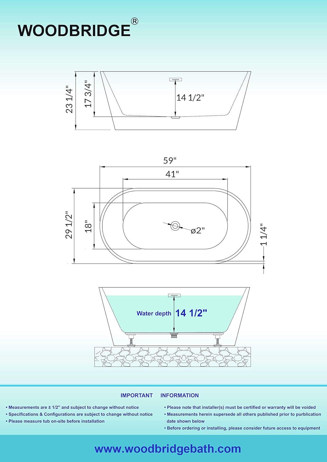 59'' Freestanding Soaking Acrylic Bathtub