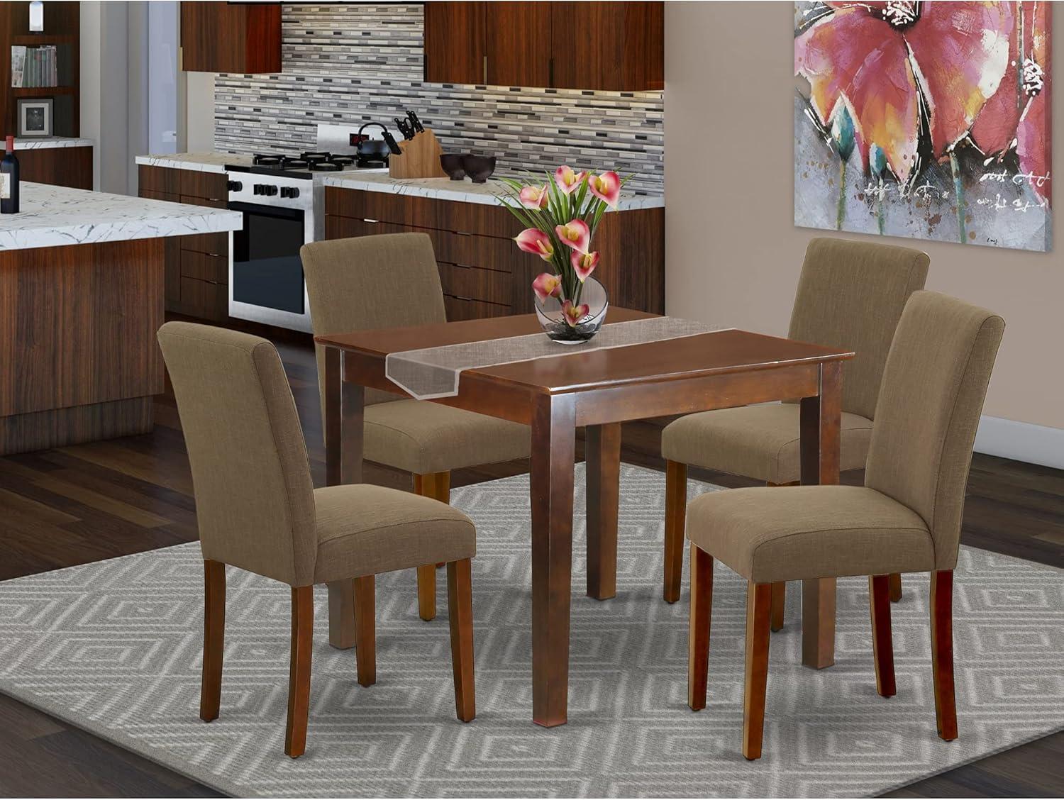 Classy Mahogany Square Dining Set with Coffee Linen Fabric Chairs