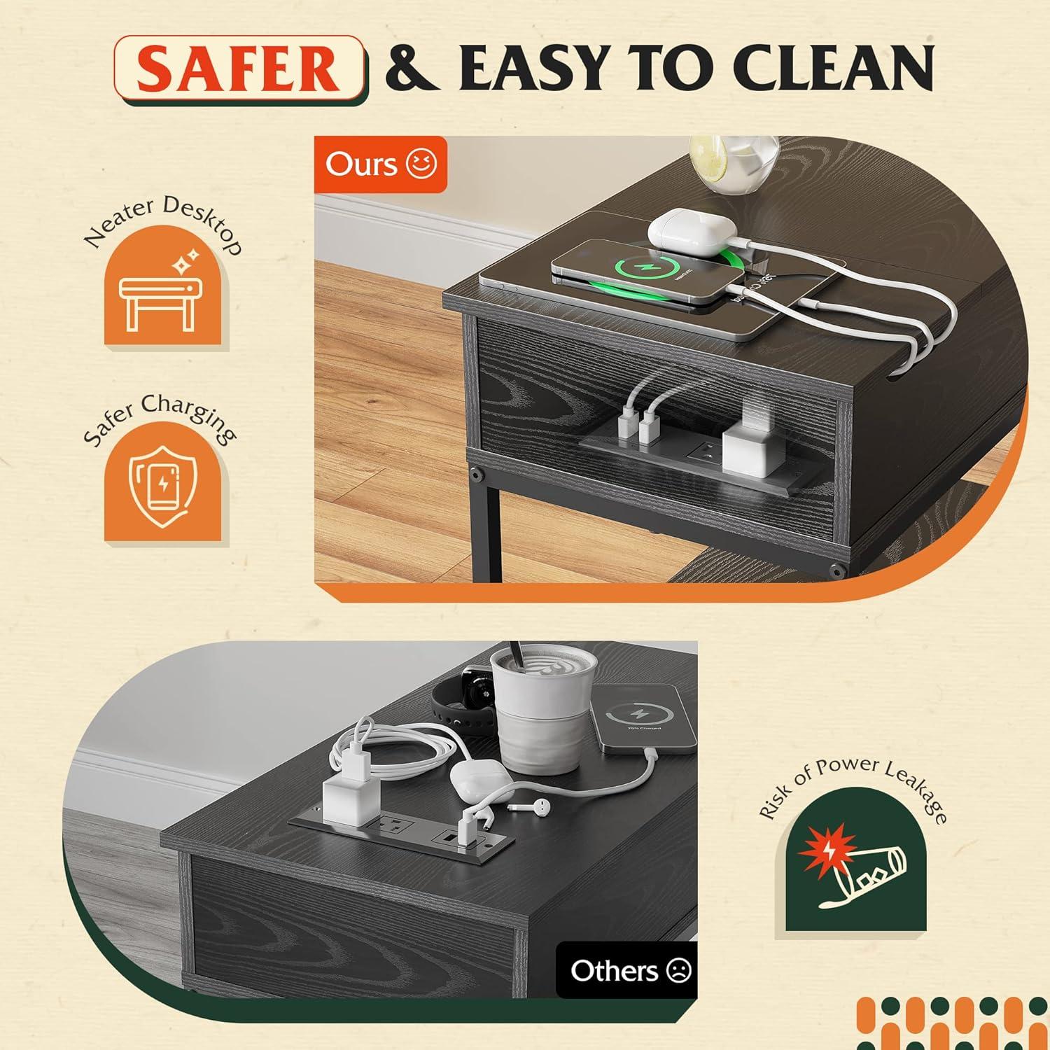 Narrow Side Table with 2 USB Ports and 2 Outlets, Flip Top End Table with Drawer and Storage Shelves, End Stand with Charging Station for Living Room, Bedroom, Small Spaces,Black