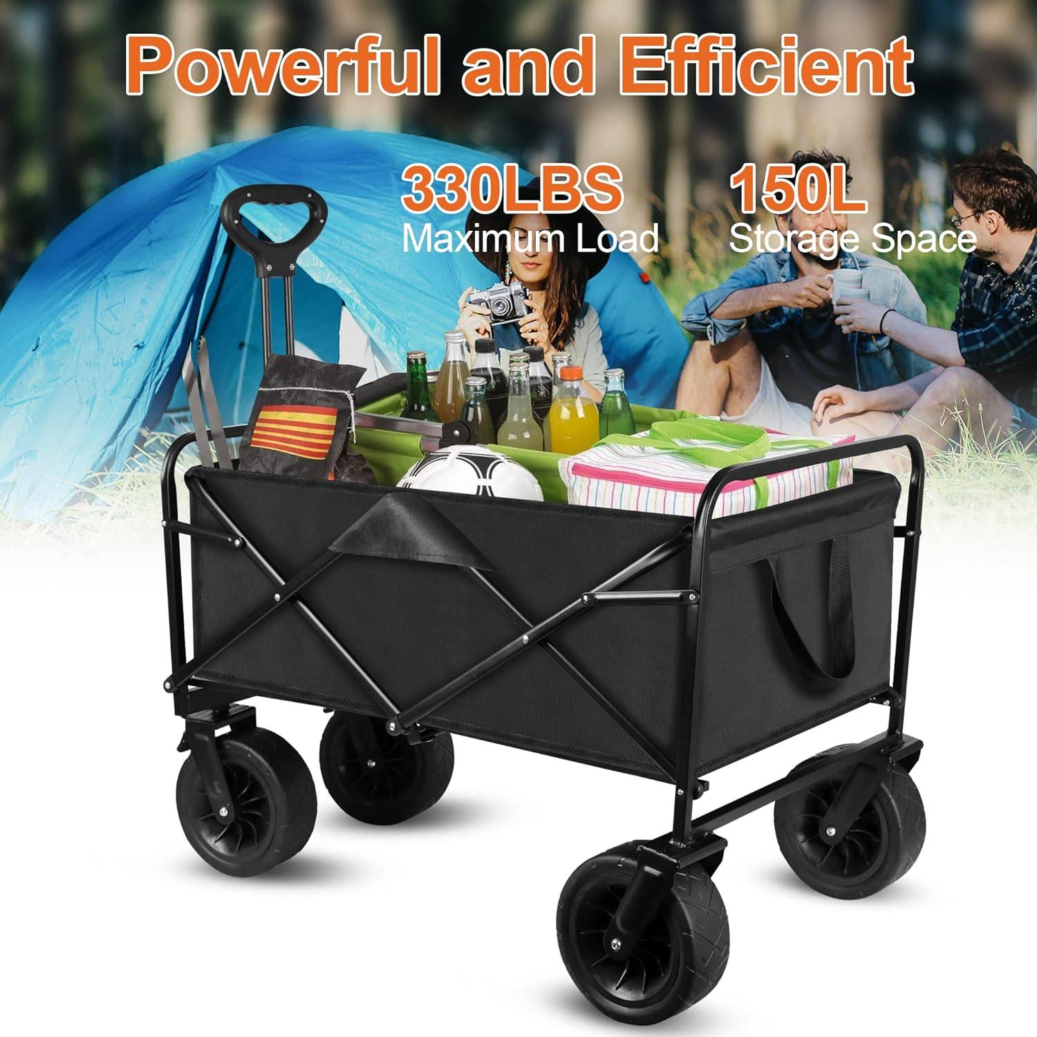 GHF Collapsible Wagon Cart, Portable Heavy Duty Large Capacity Outdoor Garden Wagon with Big All- Wheels and Drink Holders, Beach Wagon Stroller for Garden Camping Fishing Sports Shopping