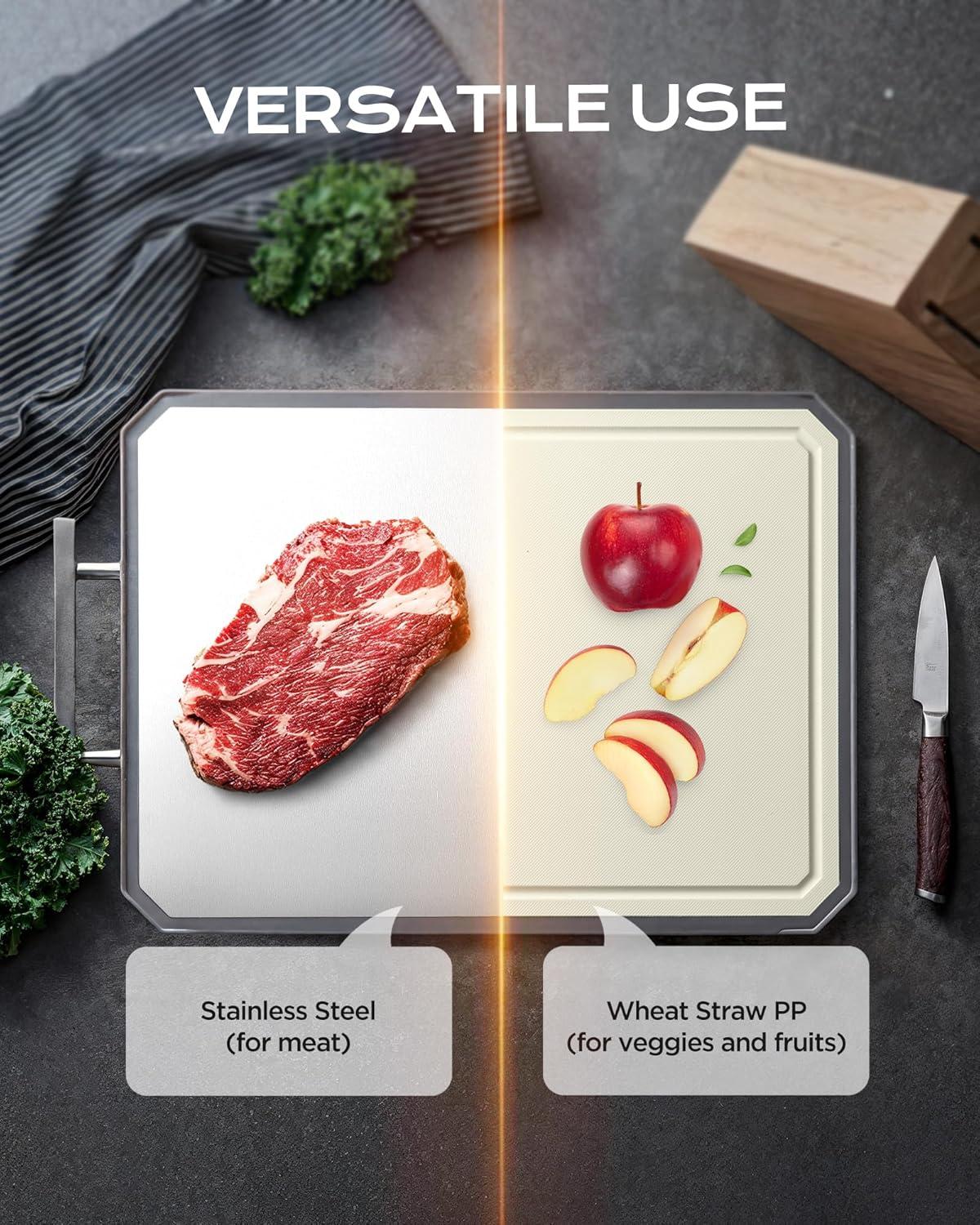 Stainless Steel Cutting Board,Double-Sided Meat Cutting Board for kitchen,Stainless Steel/Wheat straw pp Large Cutting Board for meat,Dishwasher Safe,non toxic Chopping Board,16 * 12Inch