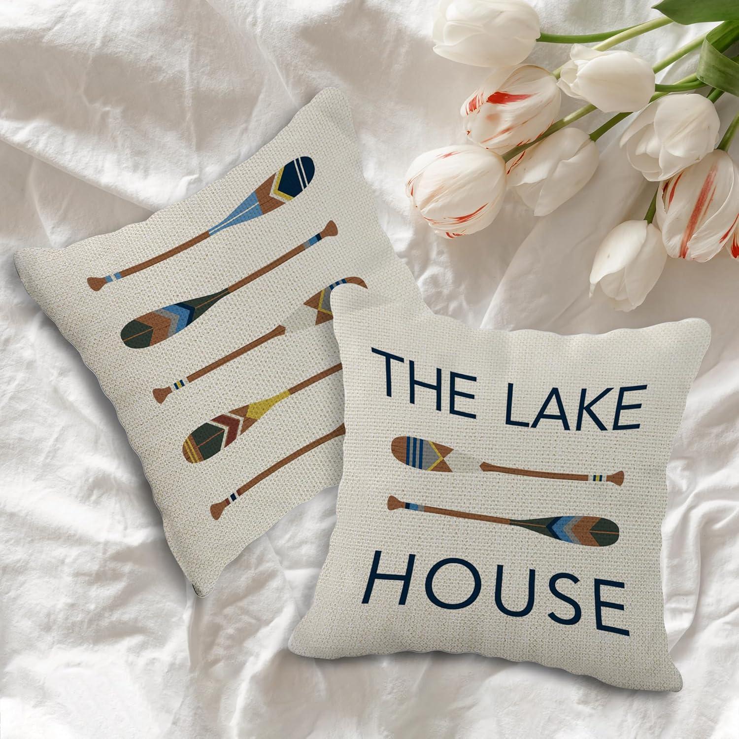 Lake House Decor Lake Pillows Case 20 x 20 Inch Set of 4, Lake Paddle Decor, Lake House Rules Decor, Lake House Decor, Lake House Room Decor Pillows Cover for Sofa Couch Bed (White).