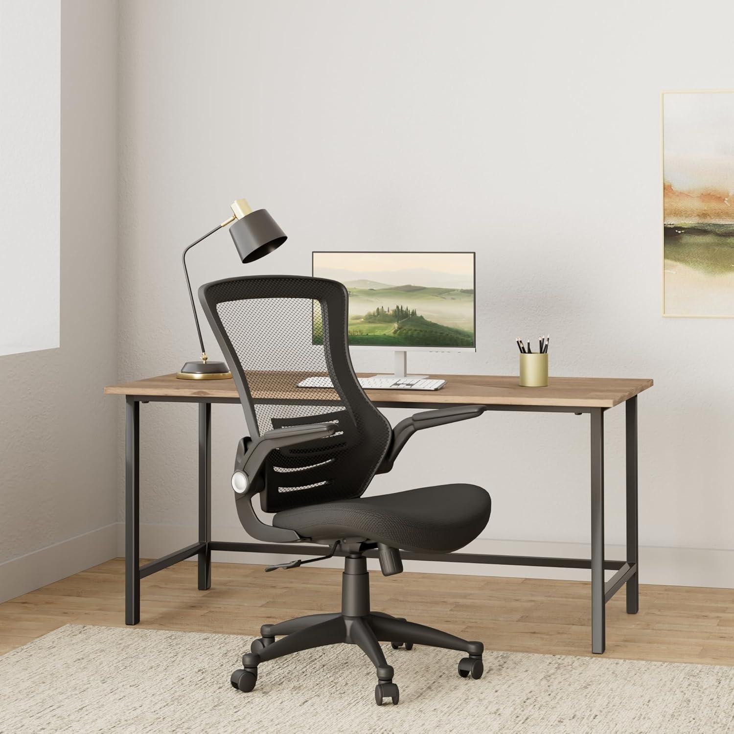 Office Star Products Screen Back Manager's Chair in Black Mesh Seat with PU Padded Flip Arms with Silver Accents