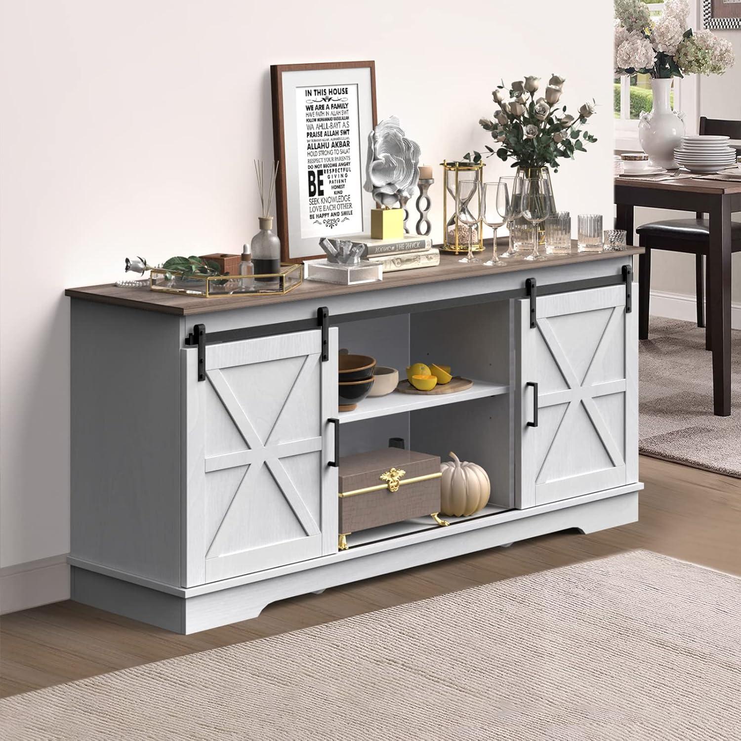 Kitchen Buffet Cabinet, 60“ Farmhouse Sliding Barn Door Coffee Bar Sideboard Buffet Cabinet with Capacity 300 lbs for Home Kitchen Dinning Living Room, Grey White/Grey Wash