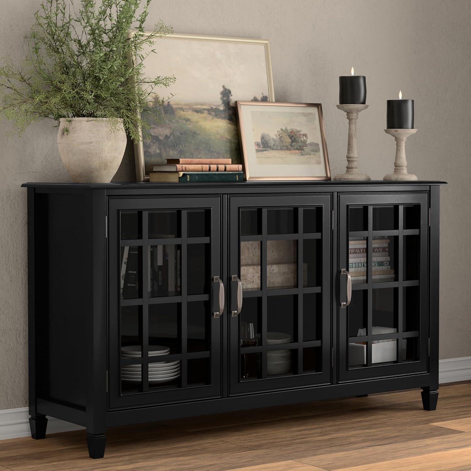 Simpli Home Connaught 60"W Solid Wood 3-Shelf Storage Cabinet Buffet with Glass Doors and Adjustable Shelves